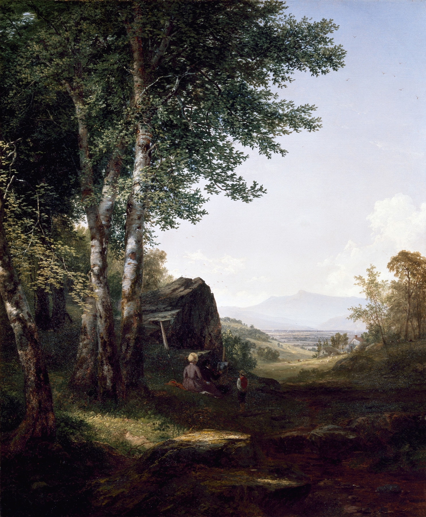 Distant View of the Mansfield Mountain by John Frederick Kensett, oil painting depicting a lush landscape.