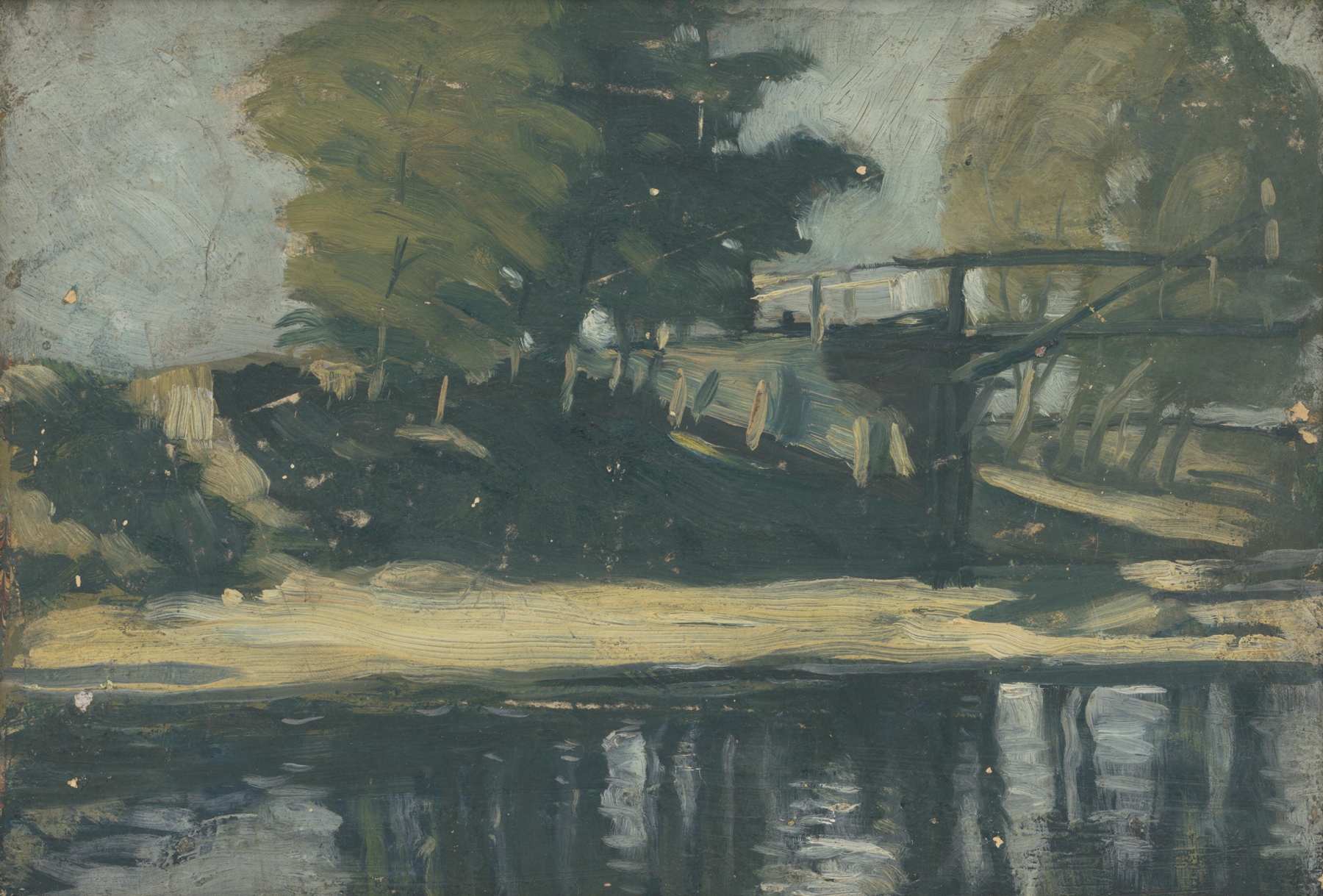 Starý most pri Berku, oil on canvas by Ján Thain, depicting an old bridge over a river in a serene landscape.