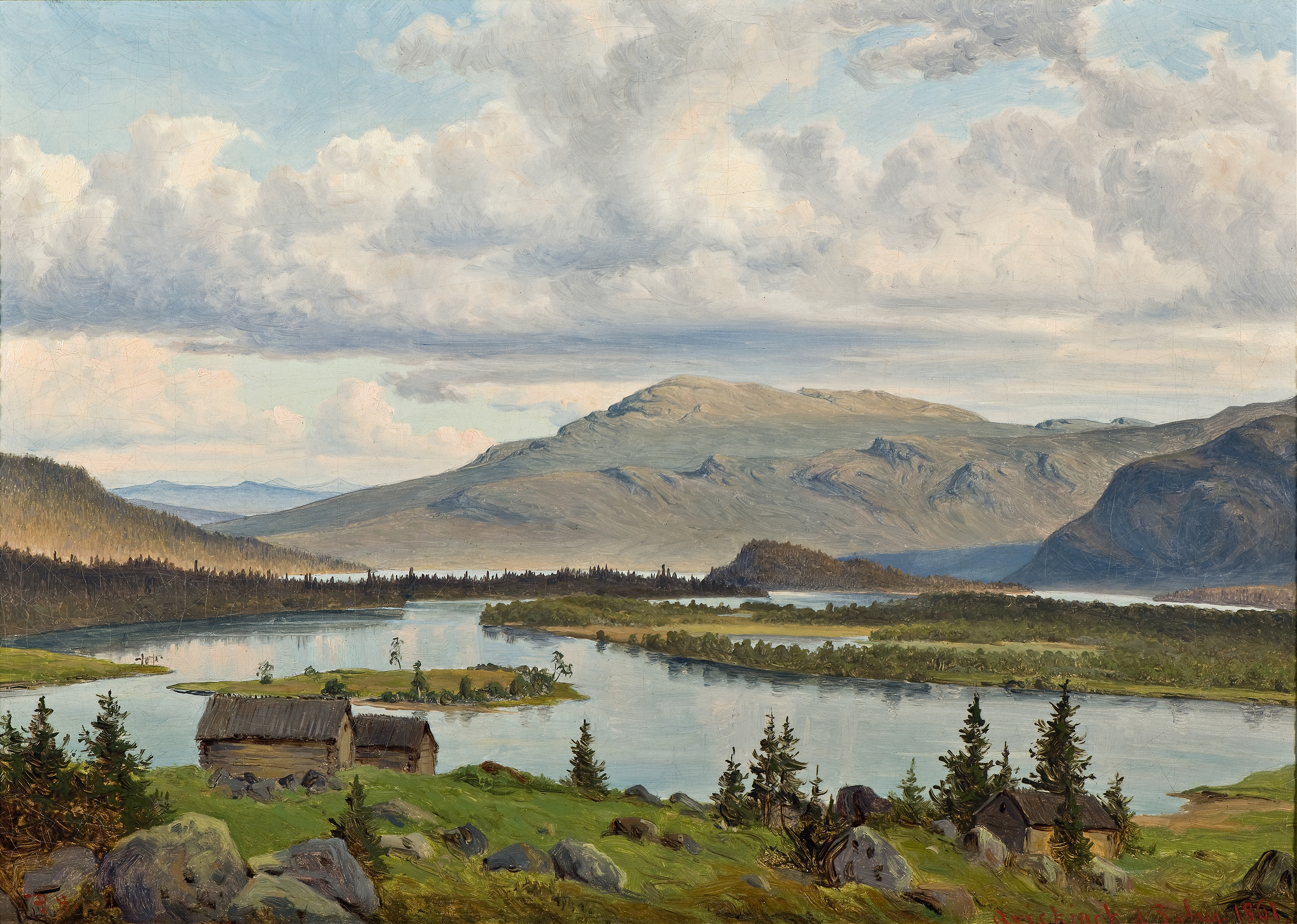 Saggat Swamp oil painting by Per Daniel Holm depicting tranquil water and lush greenery.