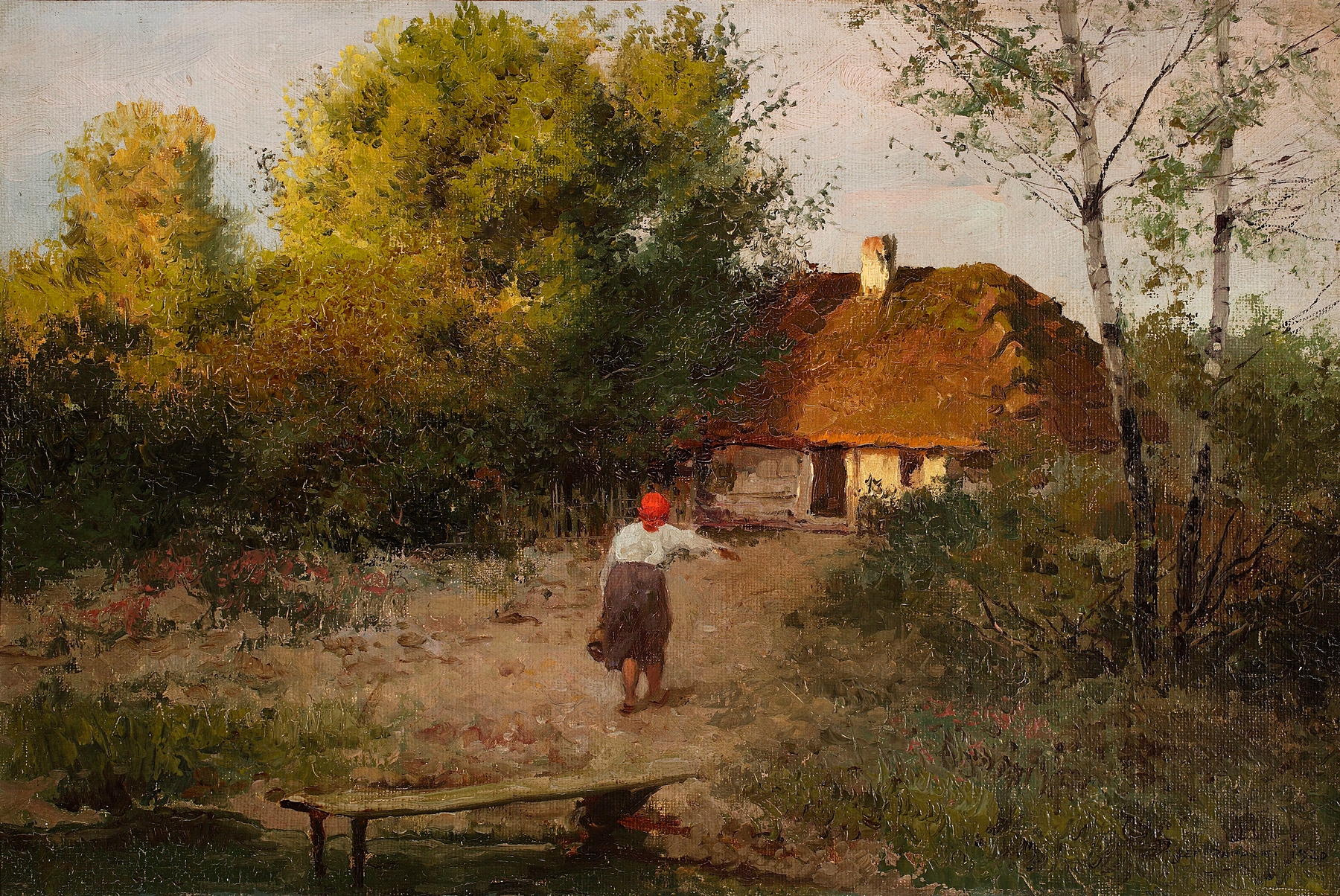 Peasant woman in front of a cottage, oil painting by Józef Rapacki