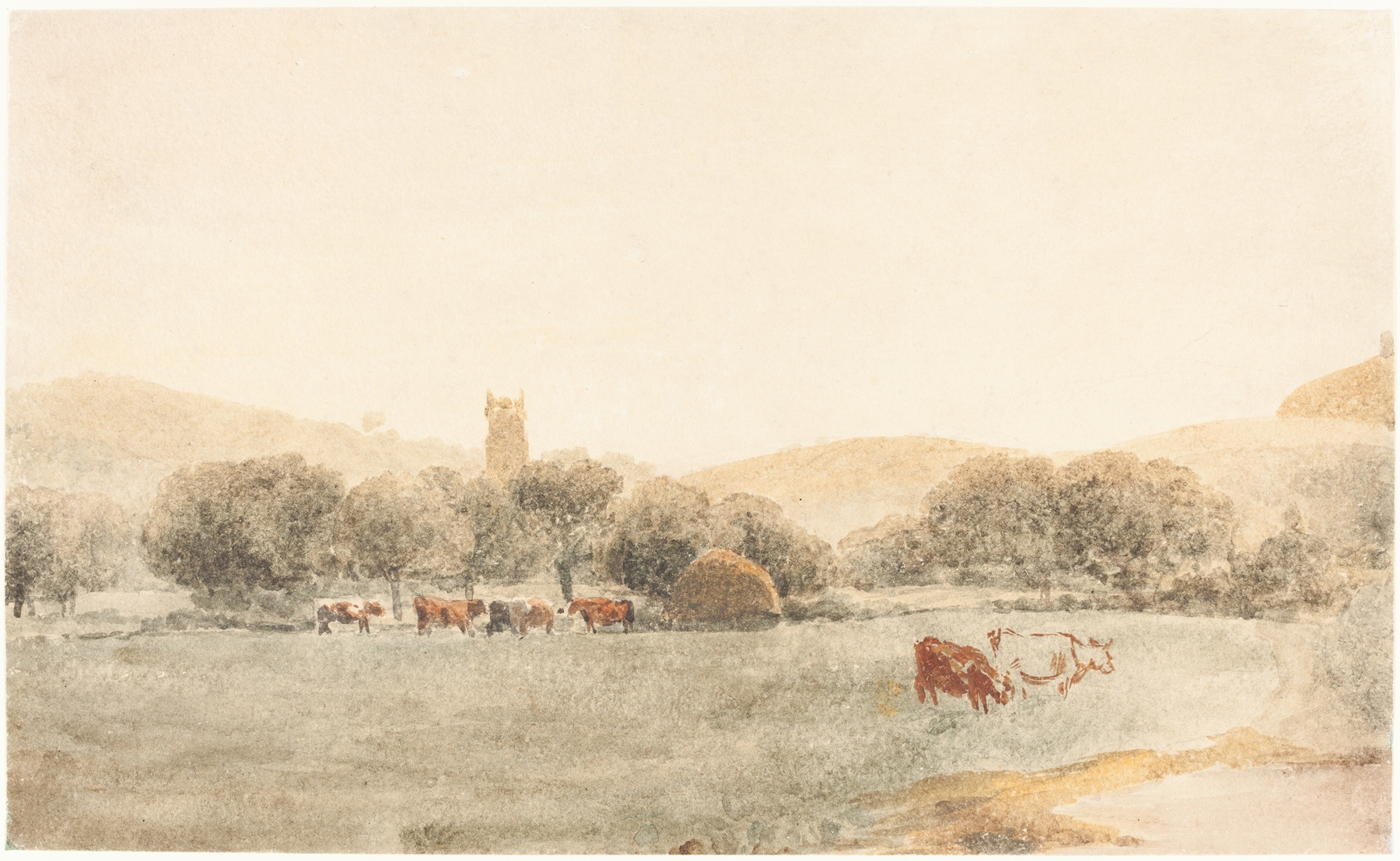 A meadow with cattle near Glastonbury, watercolor on paper by Peter De Wint