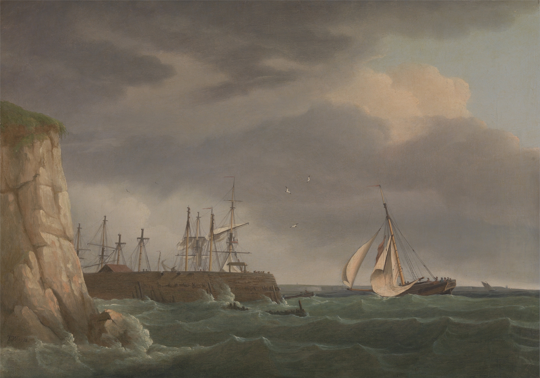 A ship running into harbour with other craft at a jetty, oil painting by Thomas Whitcombe