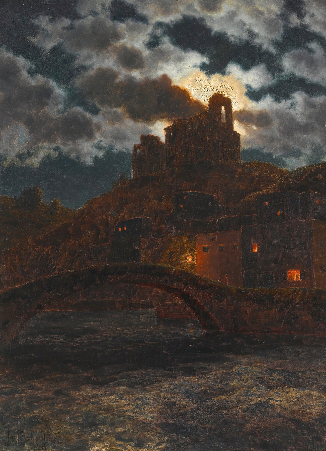 On The Banks At Twilight, oil on canvas by Ivan Fedorovich Choultse, depicting a serene river at twilight.
