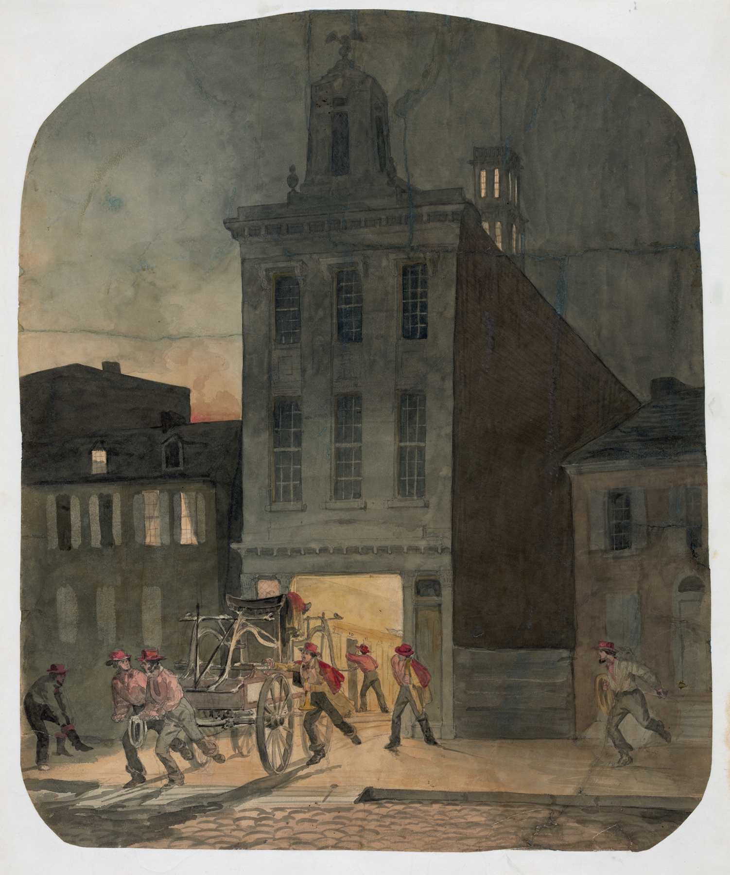 Firehouse scene in Philadelphia showing firemen from the Weccacoe Engine Company, by James Fuller Queen, public domain