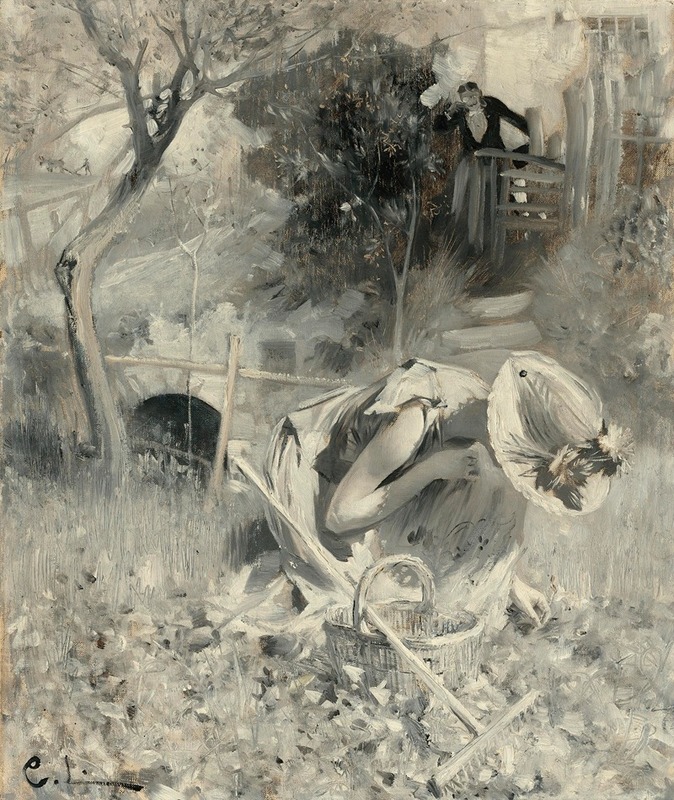 Carl Larsson's 'Trädgårdsidyll' captures a serene garden scene filled with vibrant colors and life.