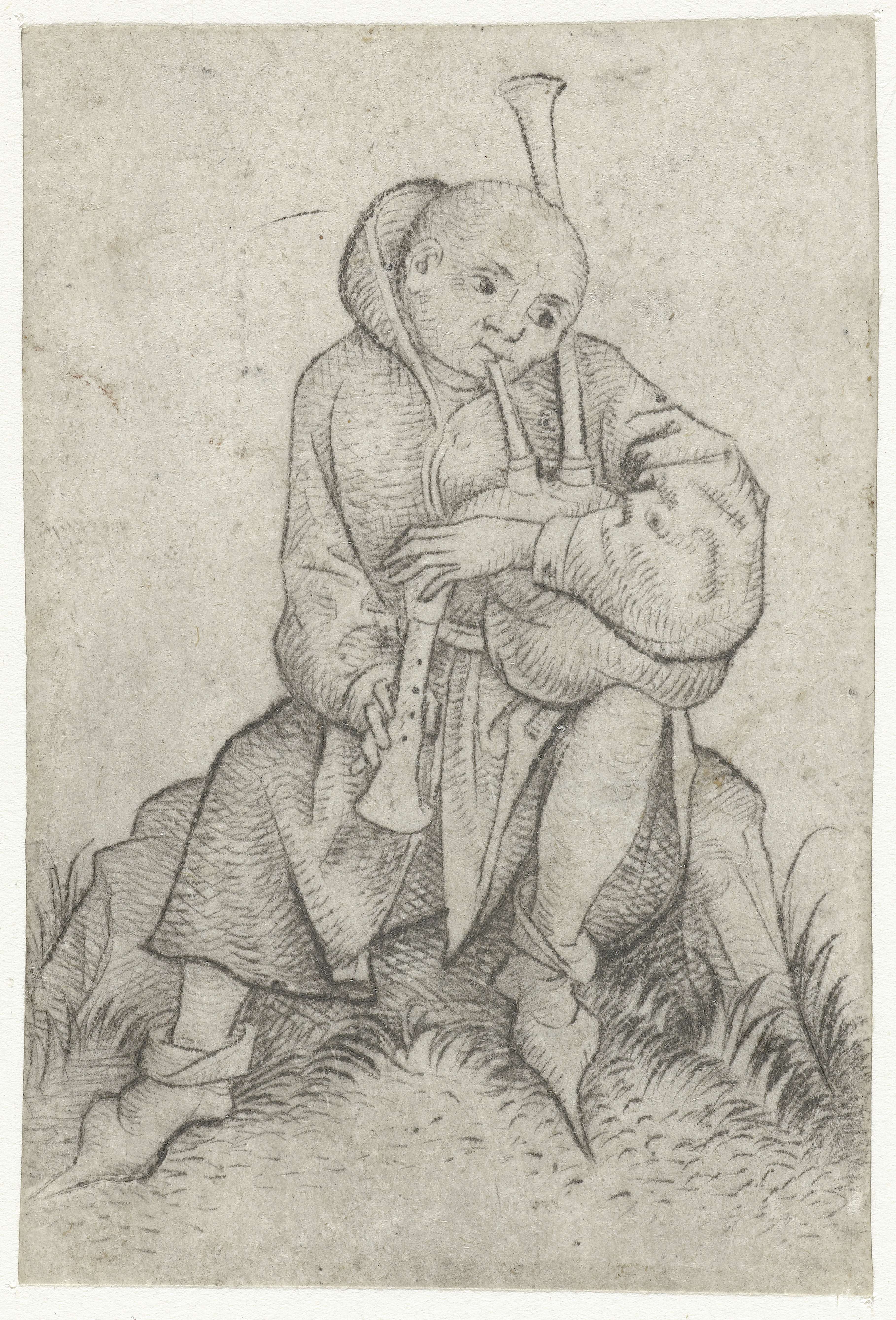 Doedelzakspeler by Meester van het Amsterdamse Kabinet, drypoint depicting a piper with a crowd.