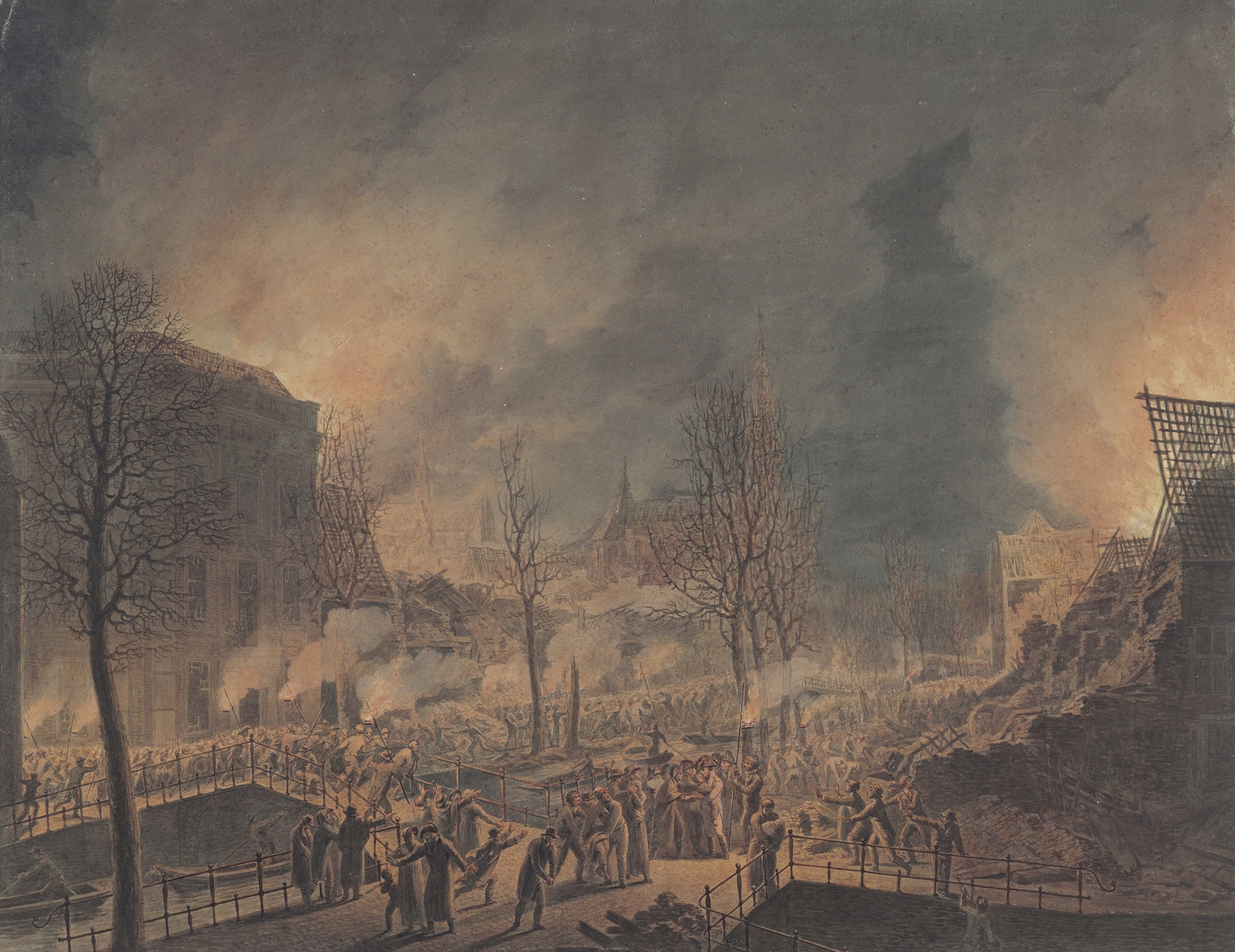Historical scene of Lodewijk Napoleon surveying ruins, oil painting by Jan Willem Pieneman