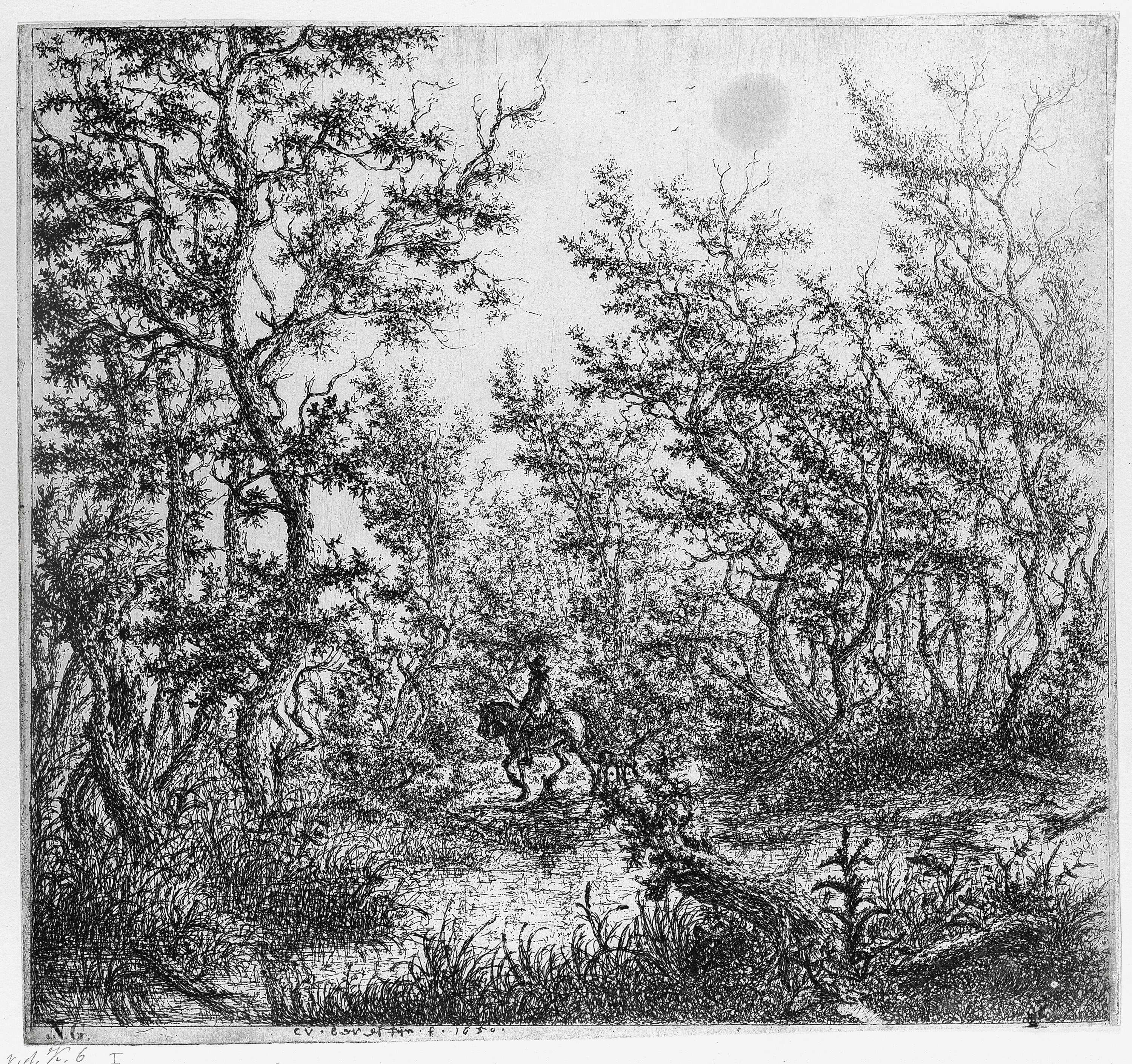 Landscape etching by Claes van Beresteyn featuring a rider and golden light