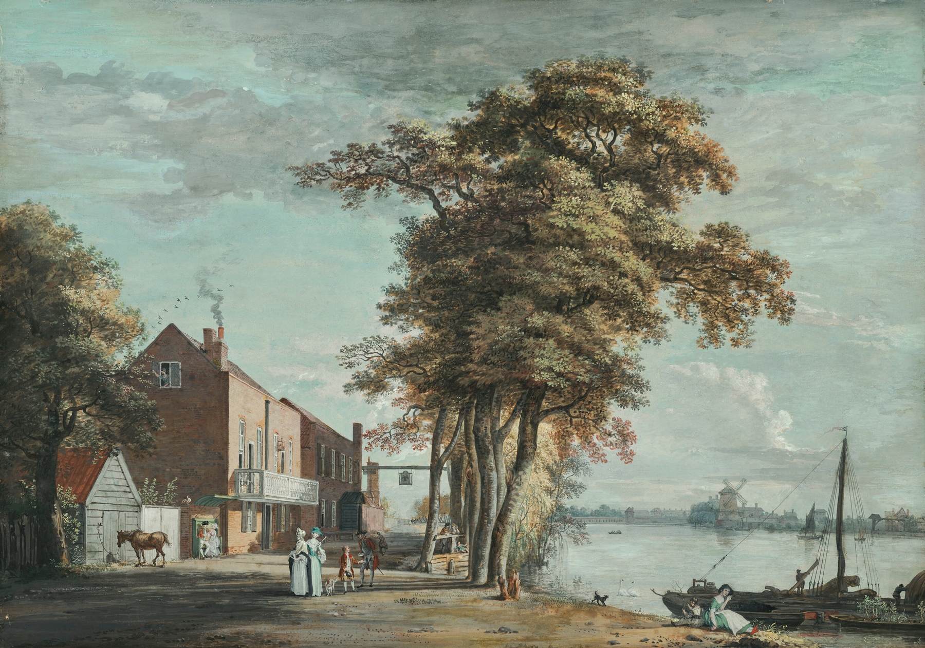 The Spread Eagle Tavern, watercolor on paper by Paul Sandby, depicting a warm-lit tavern.