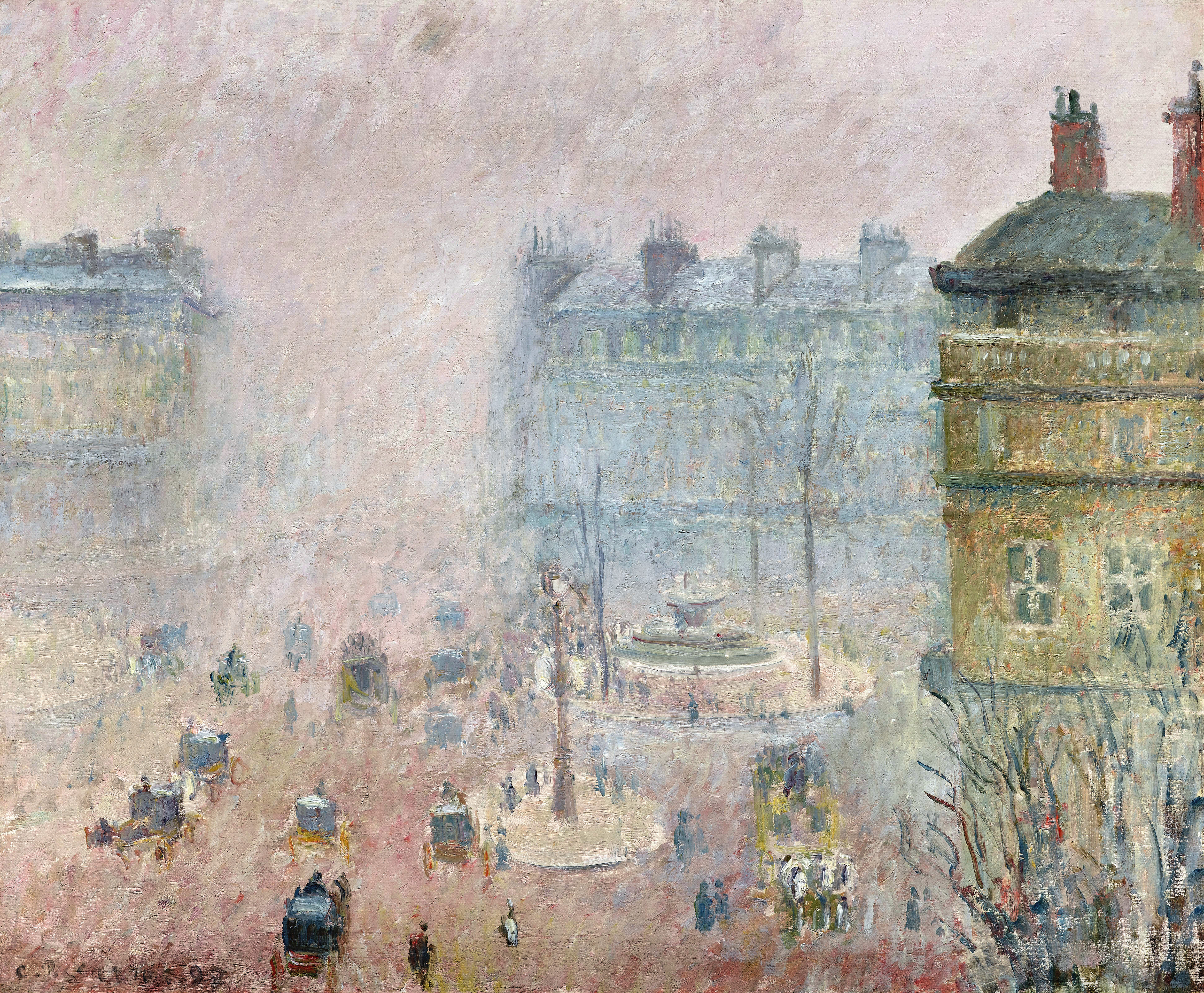 Place du Theatre Francais,Fog Effect, by Camille Pissarro, public domain