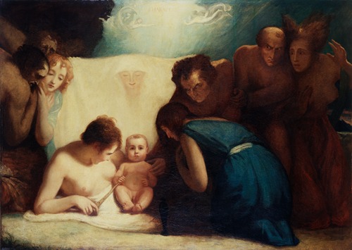A painting depicting the infant Shakespeare surrounded by Nature and the Passions.