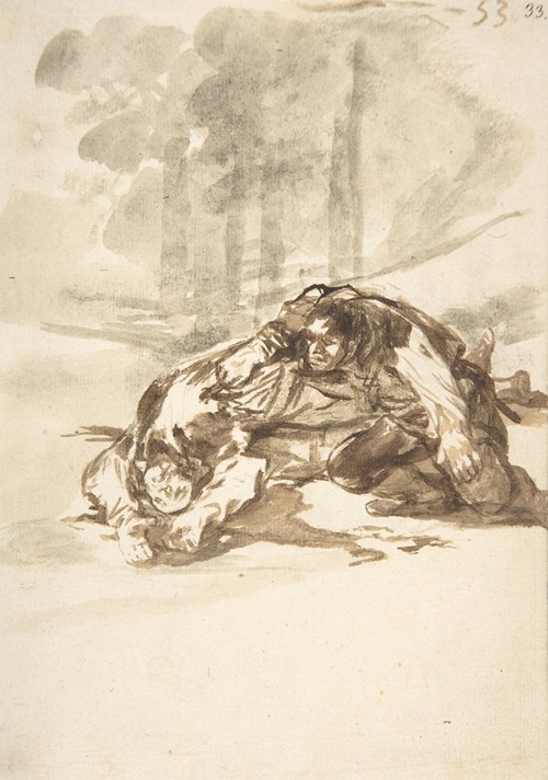 A dramatic scene depicting a man stabbing another man.