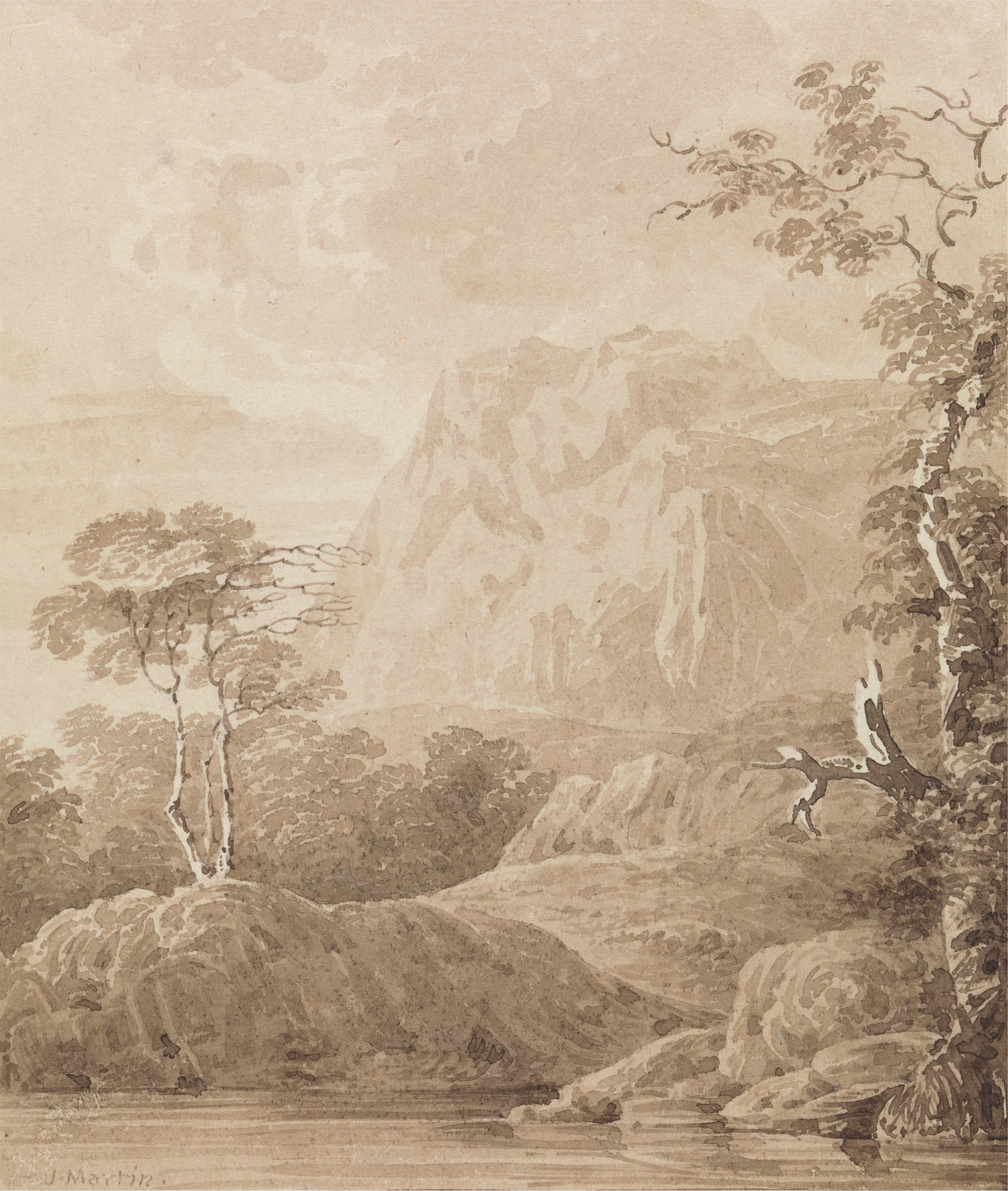 Rocky River Landscape by John Martin, oil painting depicting a tumultuous river and fiery sunset.