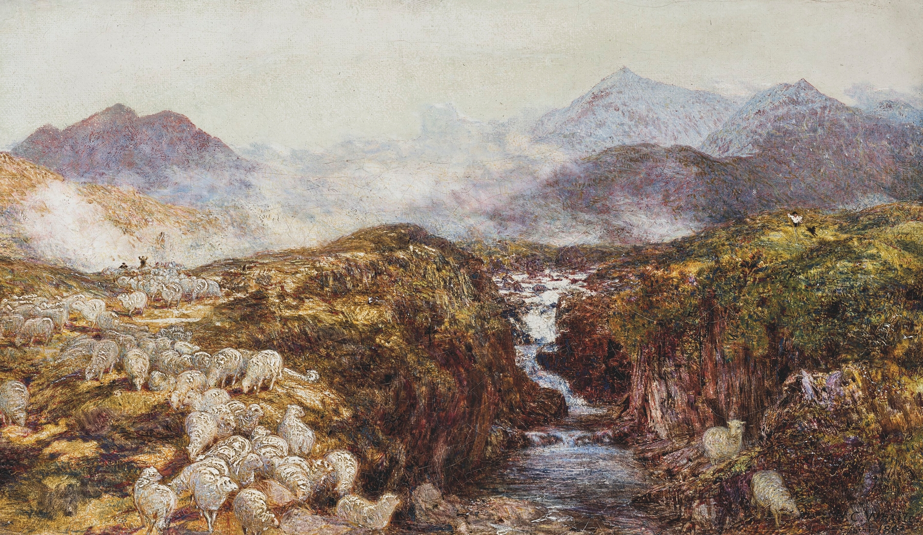 Landscape with a stream and trees, oil painting by Henry Clarence Whaite
