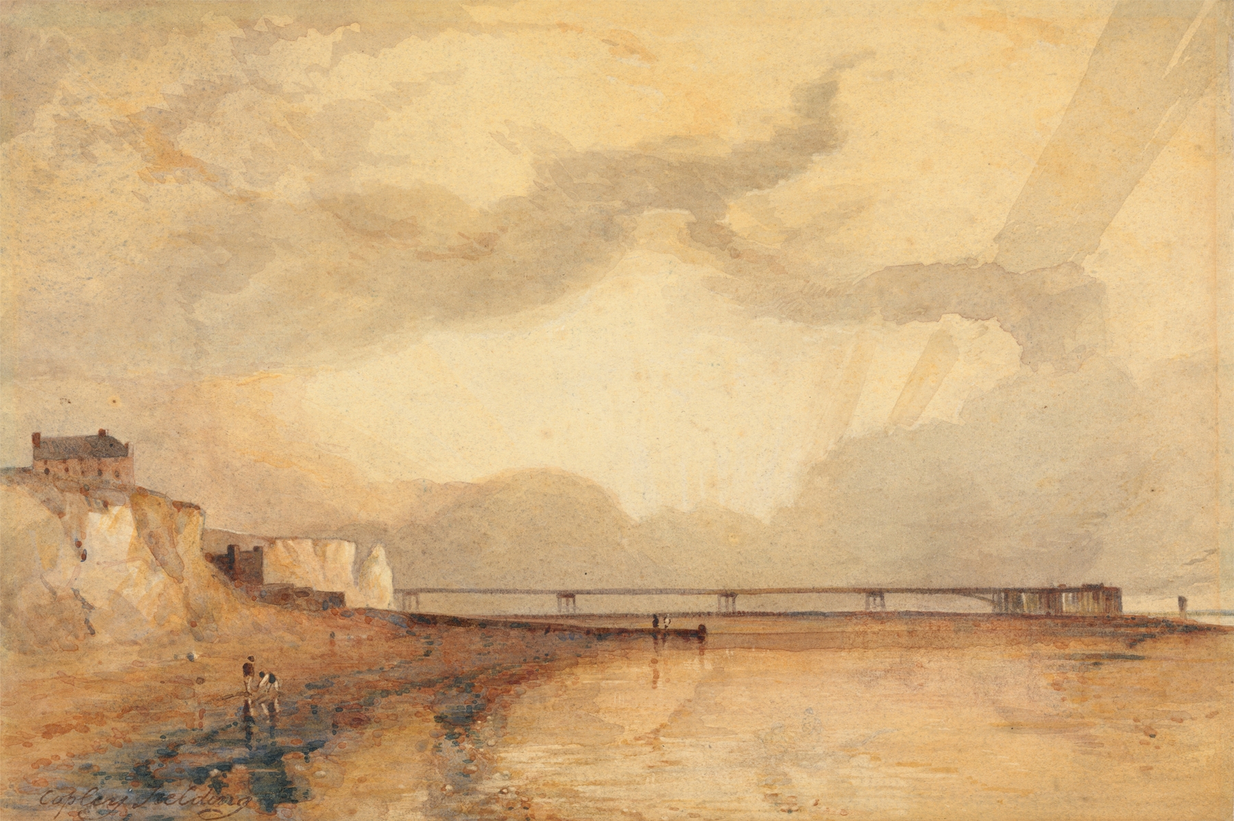 Marine Pier, Brighton, Sunset by Copley Fielding, oil painting depicting a vibrant sunset over tumultuous waters.
