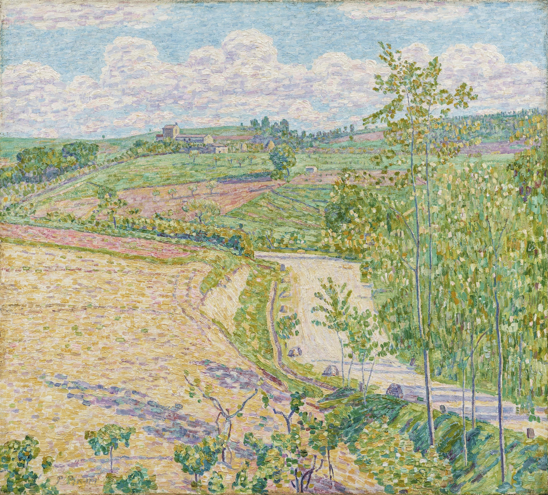 Straße an Feldern in Frühlingssonne zu toskanischem Gutshof auf einem Hügel, by Paul Baum, public domain