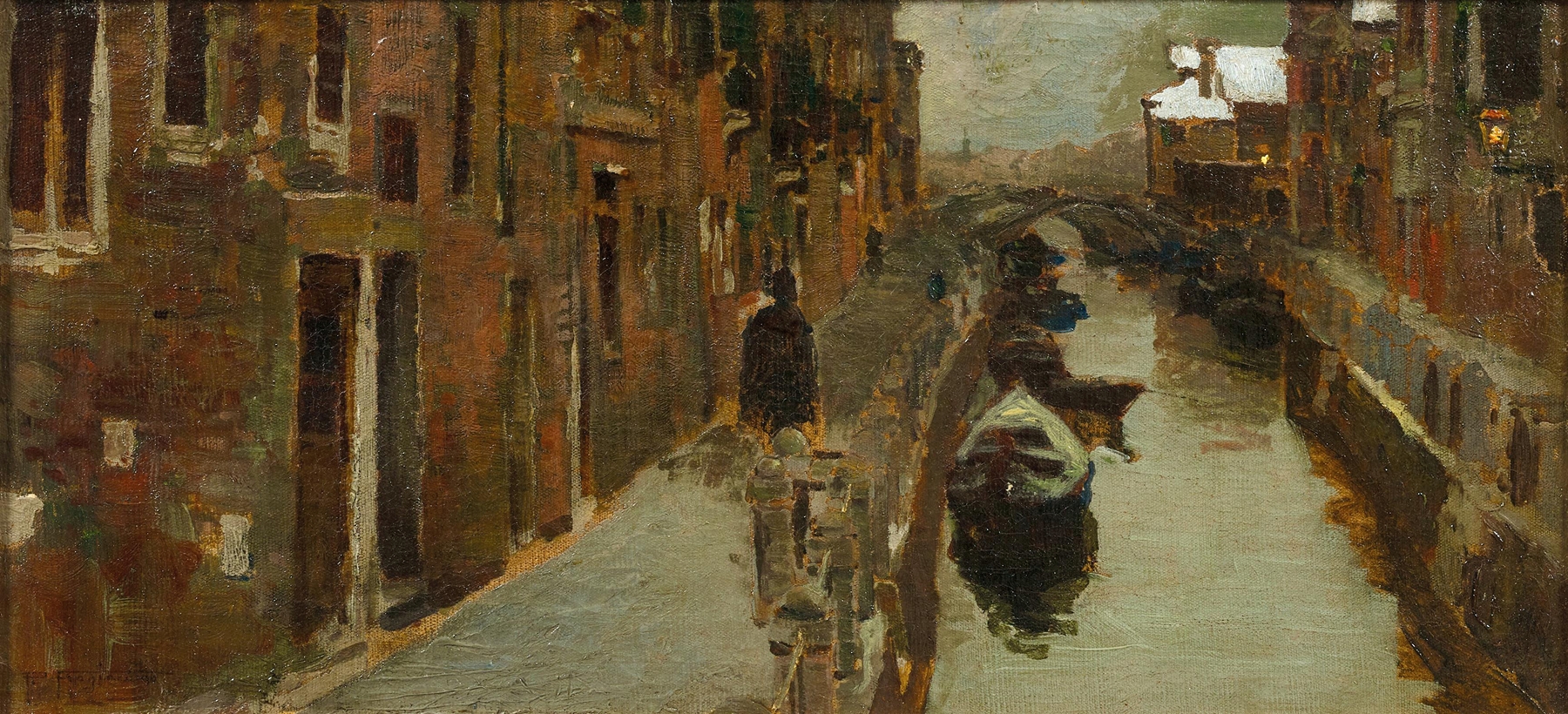 Winter canal scene by Pietro Fragiacomo, oil painting capturing reflections and architecture.