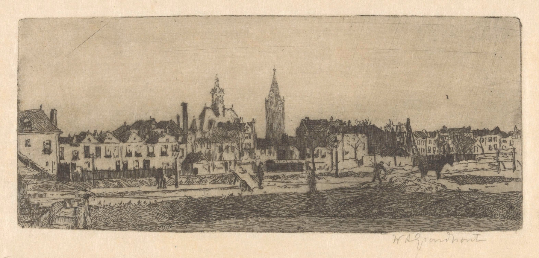 Landscape of Delft by Willem Adrianus Grondhout, oil painting depicting canals and village architecture.