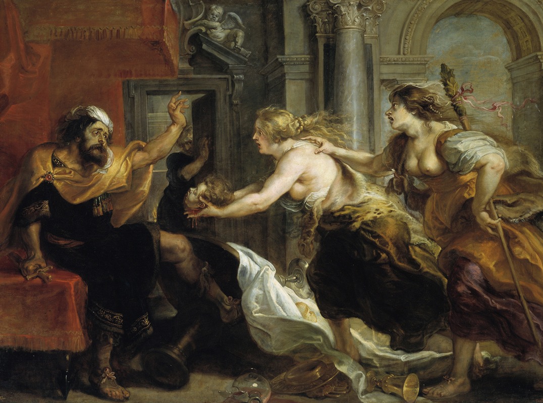 Rubens' painting depicts Tereus in a moment of horror upon confronting the severed head of his son Itylus.