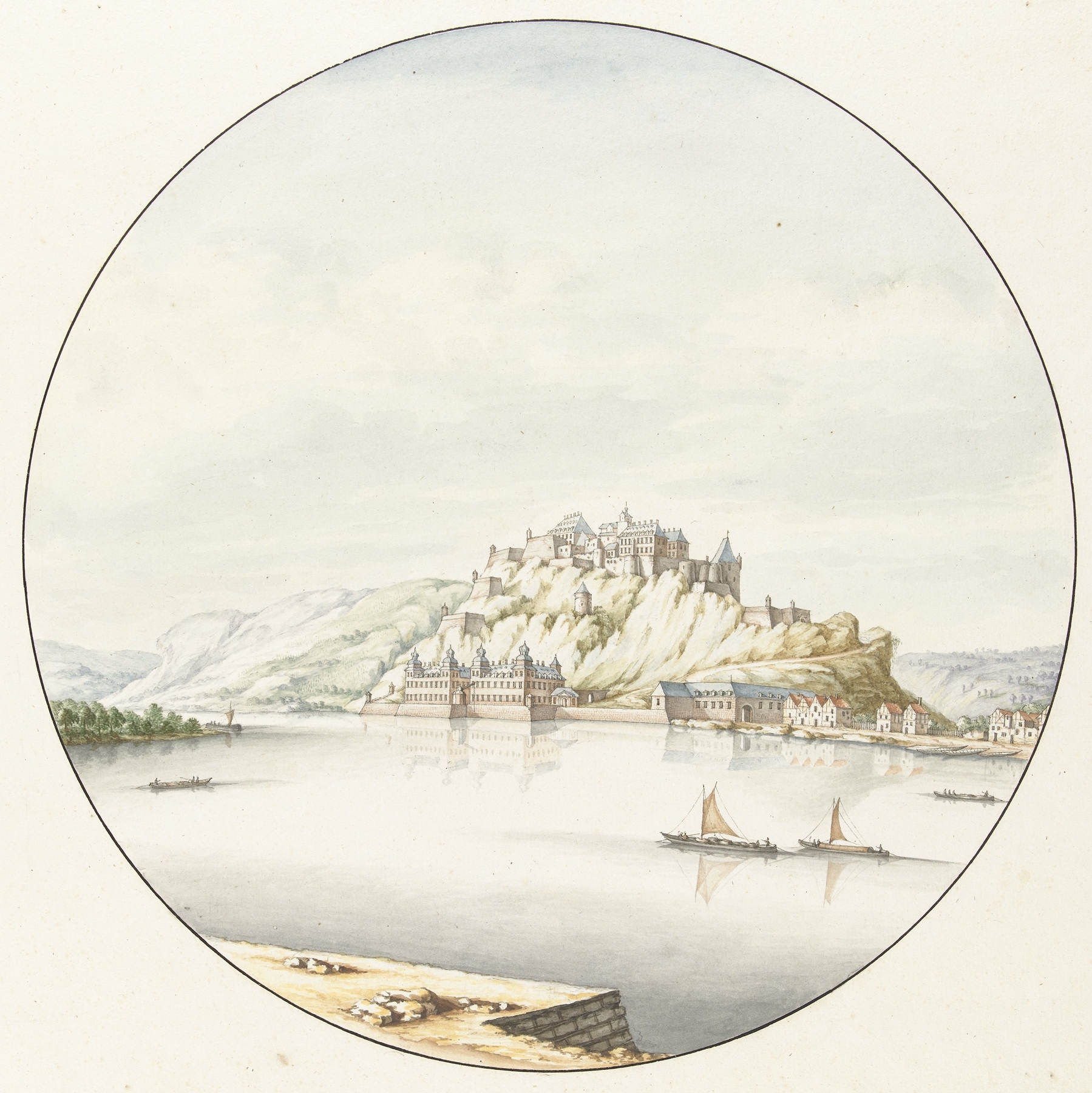 Kasteel Ehrenbreitstein by Jan van Call the elder, oil on canvas depicting a castle by a river.
