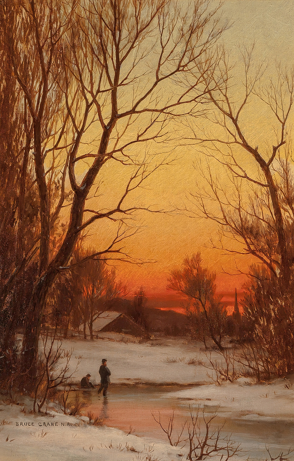 Sunset over a pond and woods, oil painting by Bruce Crane