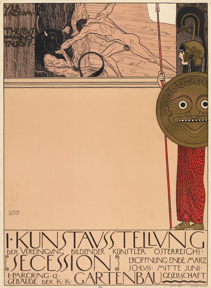Gustav Klimt's 'Plakat der 1. Ausstellung der Secession' showcases intricate designs typical of the Art Nouveau movement.