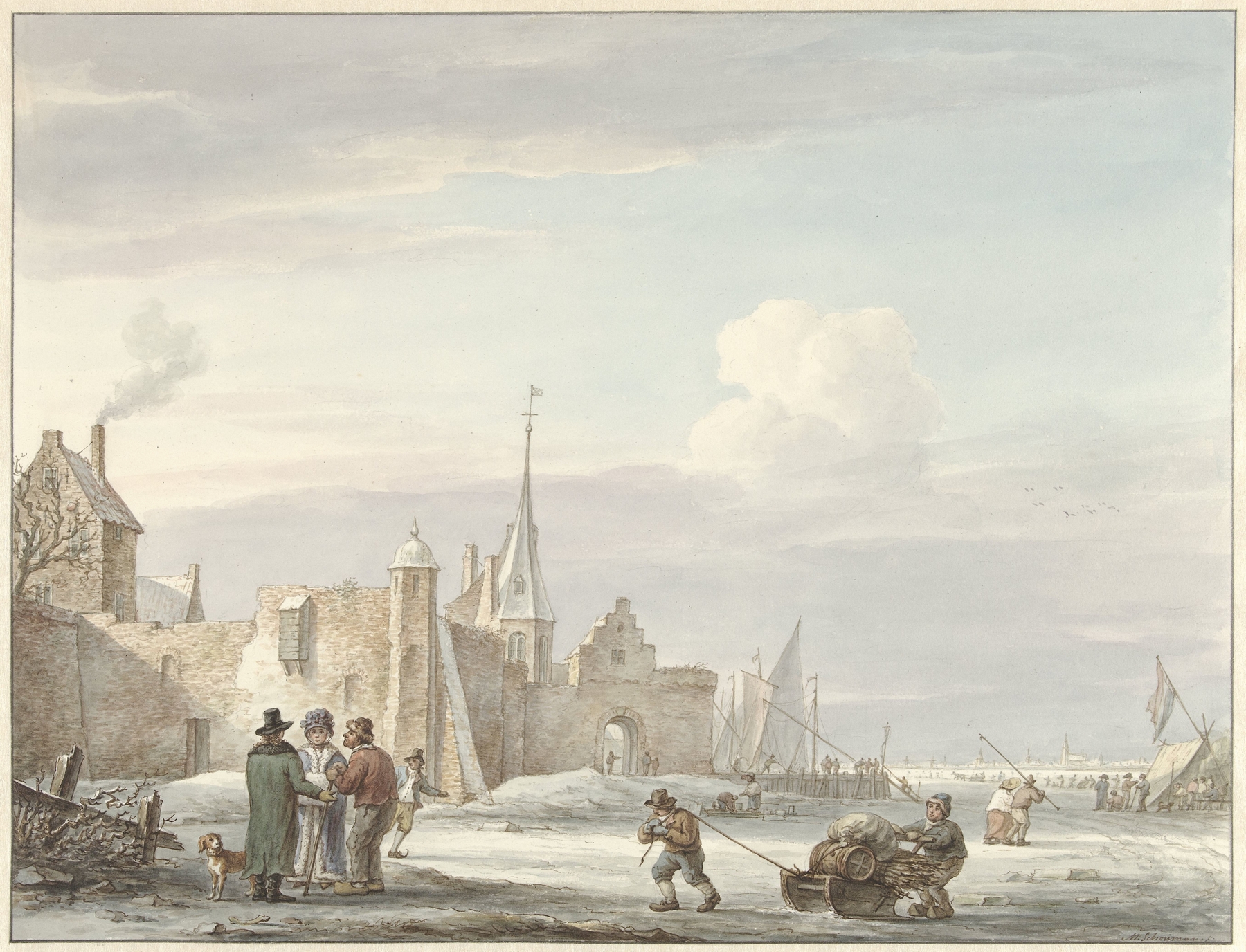 Landscape depicting a winter village scene by Martinus Schouman, oil painting