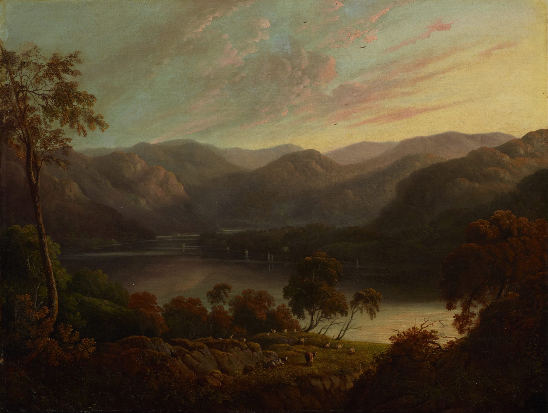 Landscape view in Cumberland by John Glover, oil on canvas, depicting rolling hills and a tranquil sky.