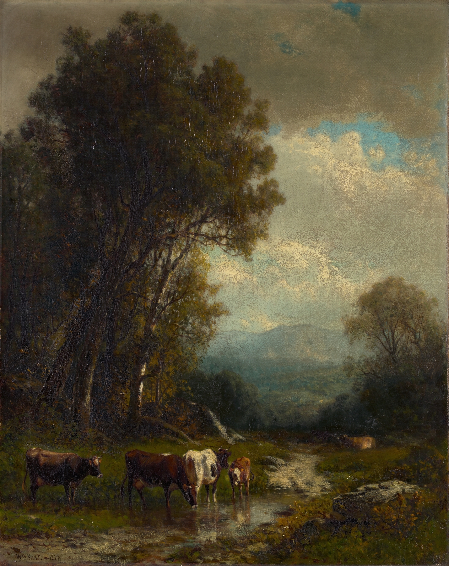 Landscape with Cattle by William M. Hart, oil painting depicting cattle in a serene landscape.