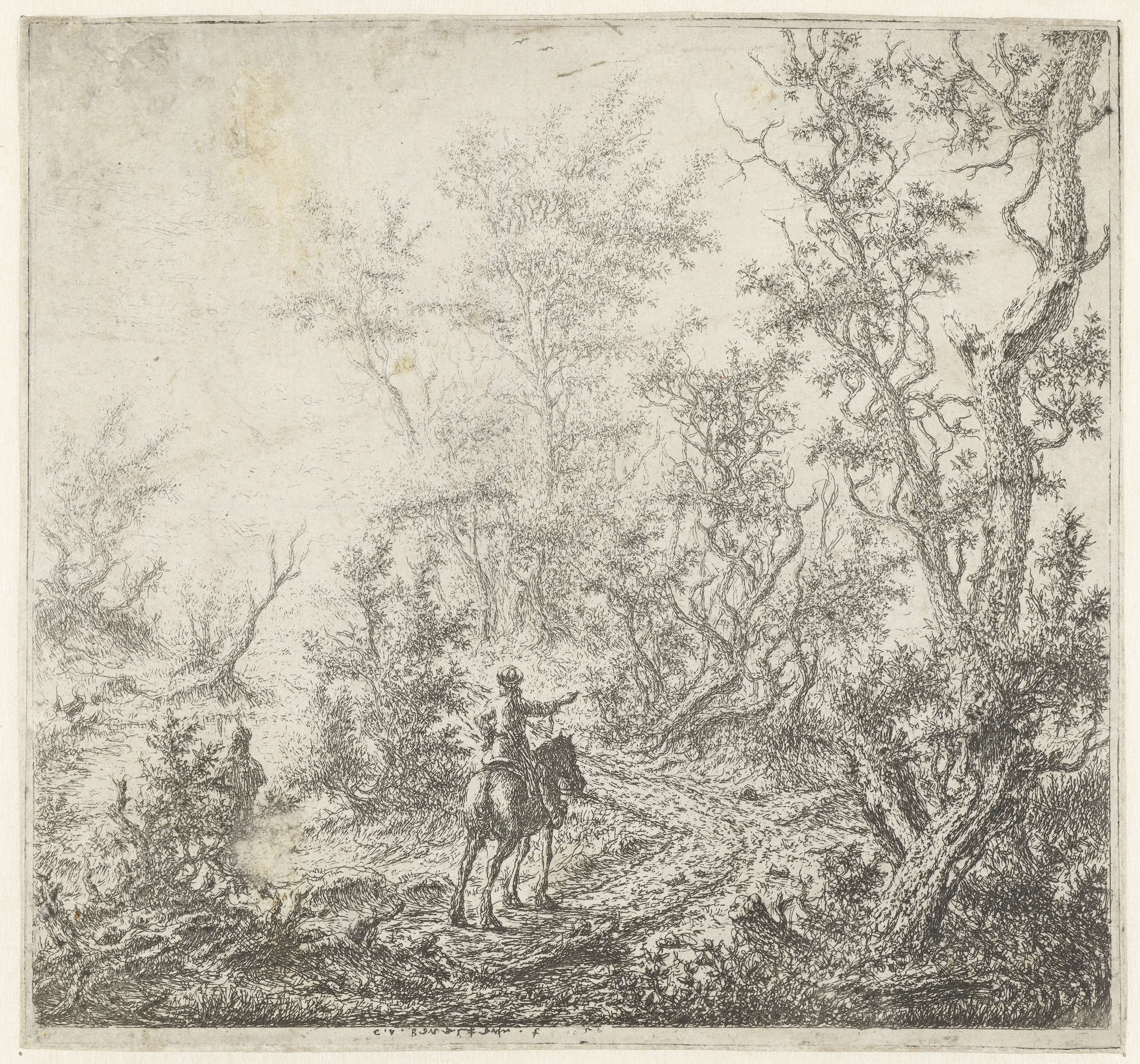 Landscape etching by Claes van Beresteyn featuring a horseman conversing with a man on a path.
