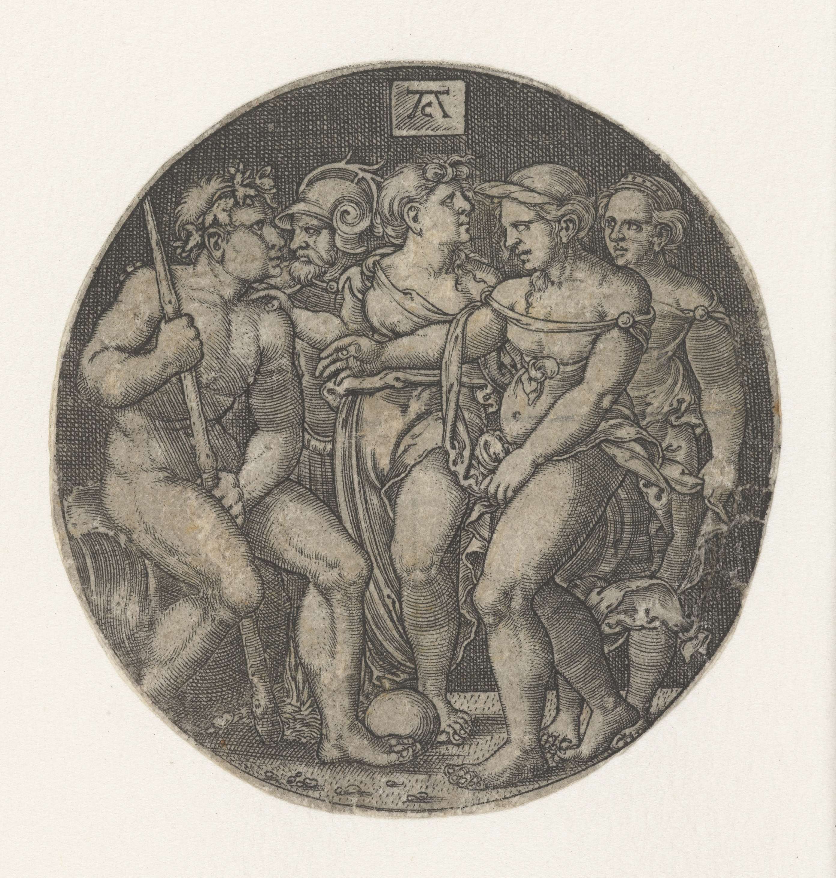 Oordeel van Paris engraving by Monogrammist AC depicting Paris in divine judgment