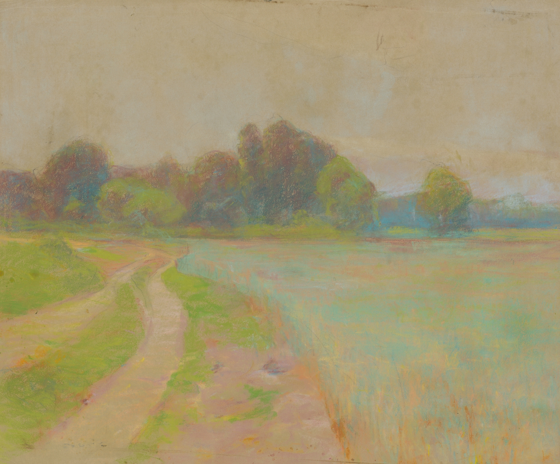 Landscape depicting a winding path in soft greens and ochres by Ľudovít Čordák, oil painting