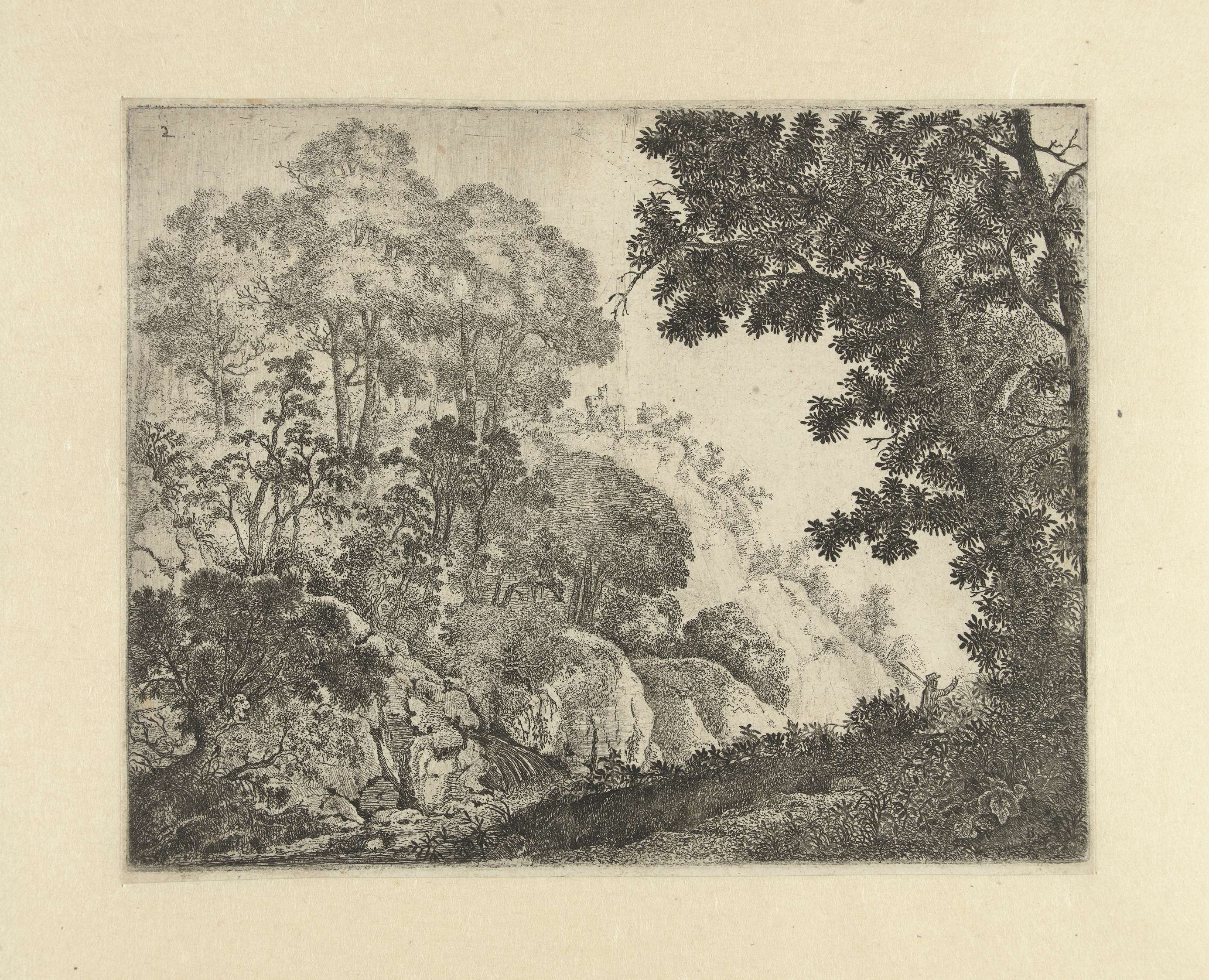 Etching by Jan van Brosterhuyzen depicting a man with an uplifted arm in a landscape with trees.