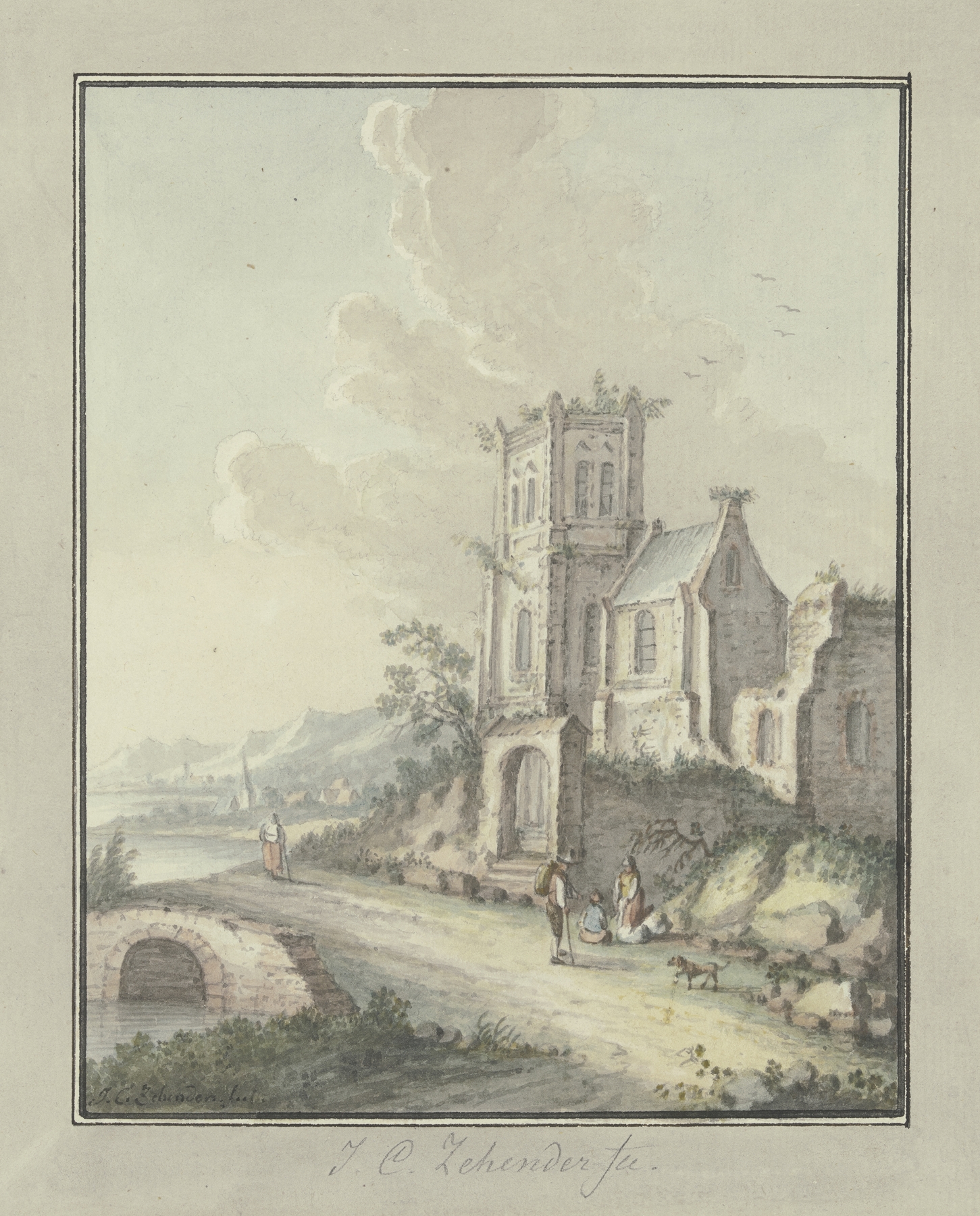 Church ruins by the water, oil on canvas by Johann Caspar Zehender