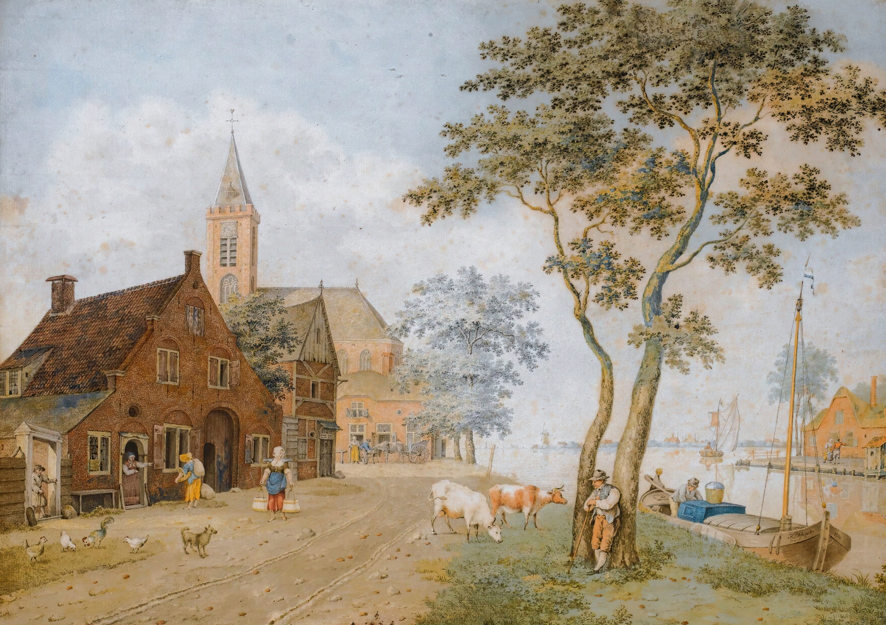 A Village By A Wide River, oil painting by Hermanus Petrus Schouten