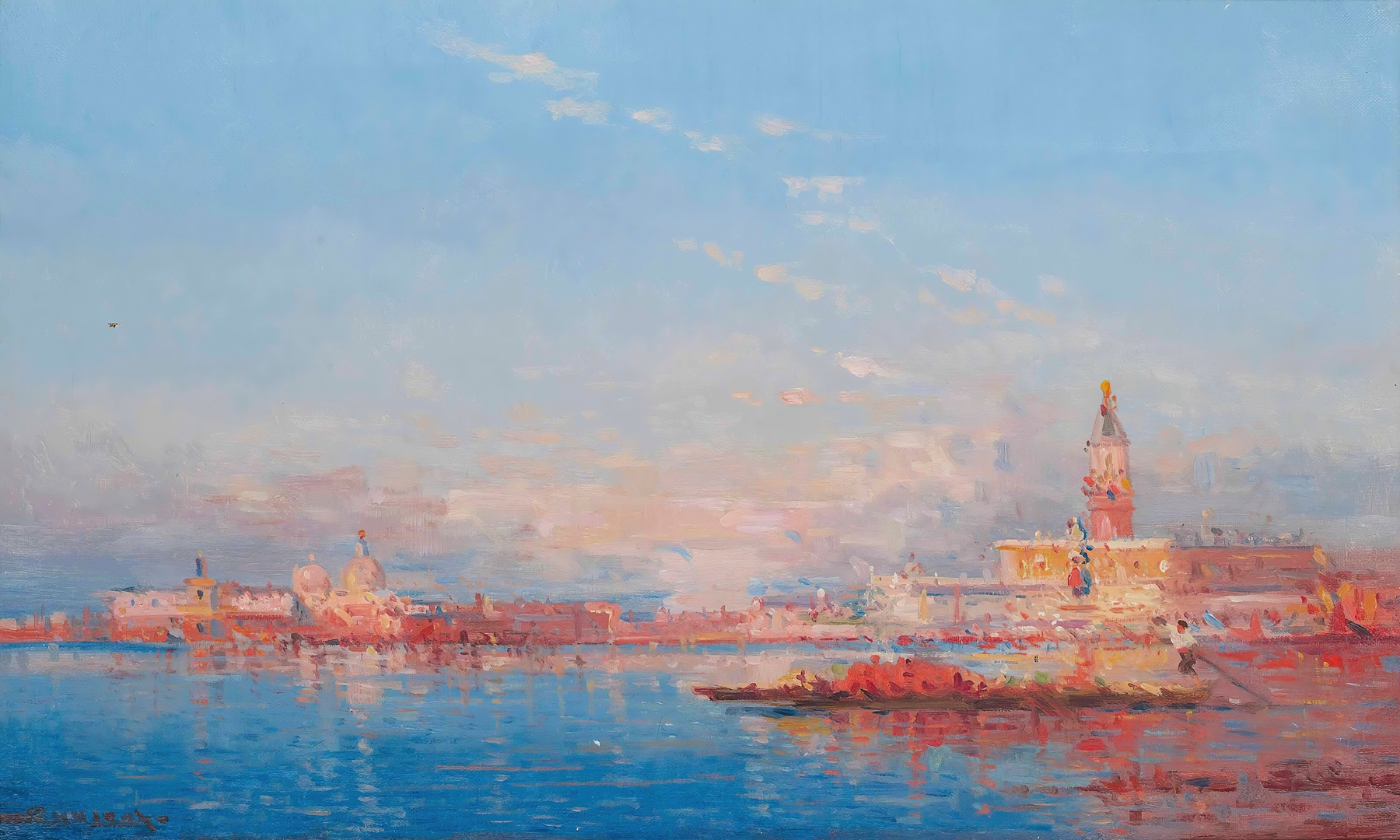 Marine scene featuring a trading vessel on the Venetian lagoon by Henri Duvieux