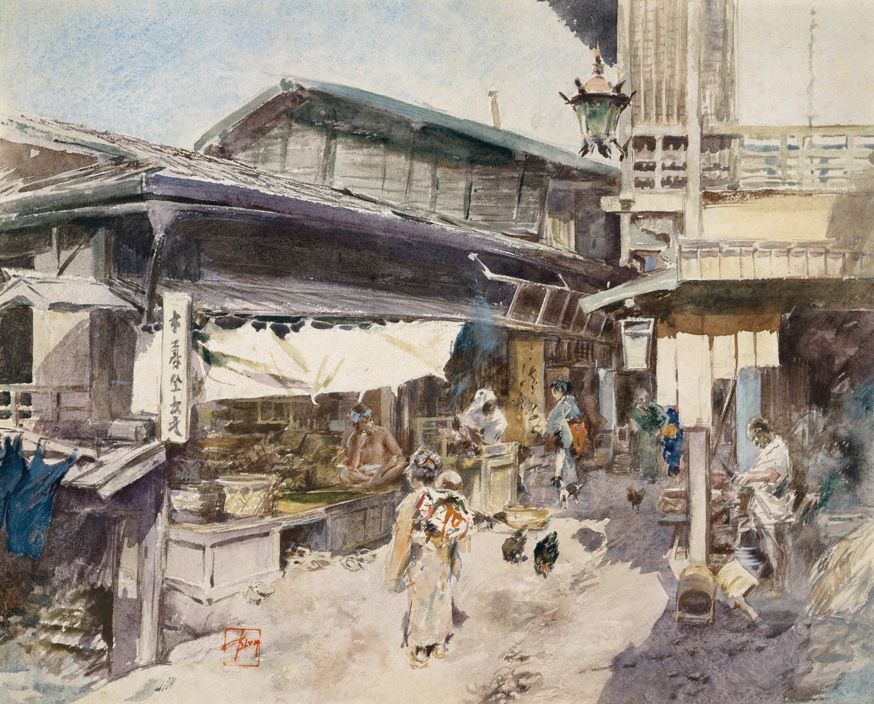 Street scene in Ikao, Japan by Robert Frederick Blum, oil on canvas, featuring lanterns and cobblestone.