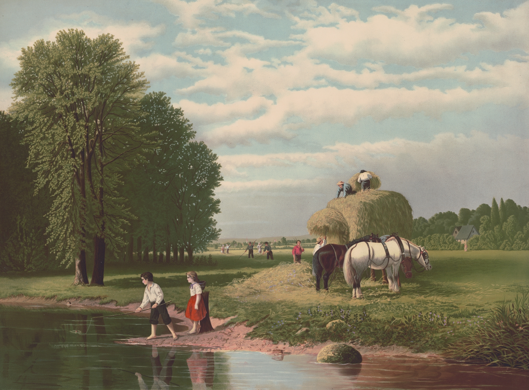 American Harvest Scene by Joseph Hoover, oil on canvas depicting a farmer in golden wheat fields.