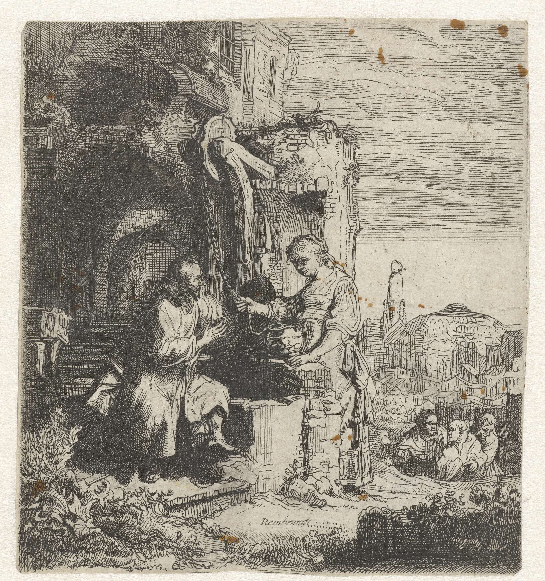 Christ and the woman of Samaria among ruins, etching by Cornelis Danckerts