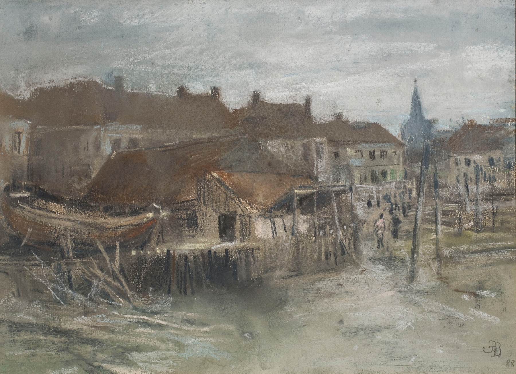 Shipbuilding Yard by Gustave Den Duyts, depicting a shipyard scene in an unknown medium.