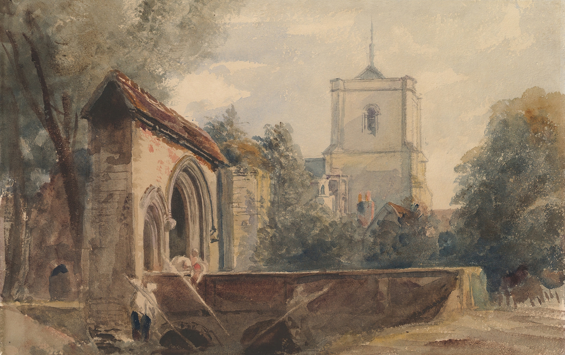 Waltham Abbey, Essex by Peter De Wint, oil painting depicting a serene landscape with an abbey.