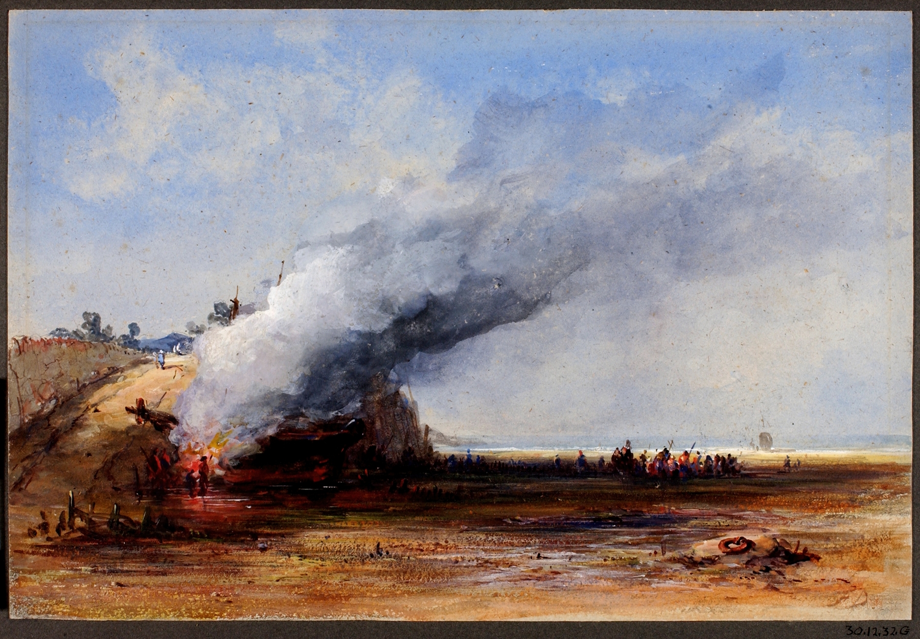 Burning of an Old Boat by Francis Danby, oil on canvas showing flames and a charred vessel