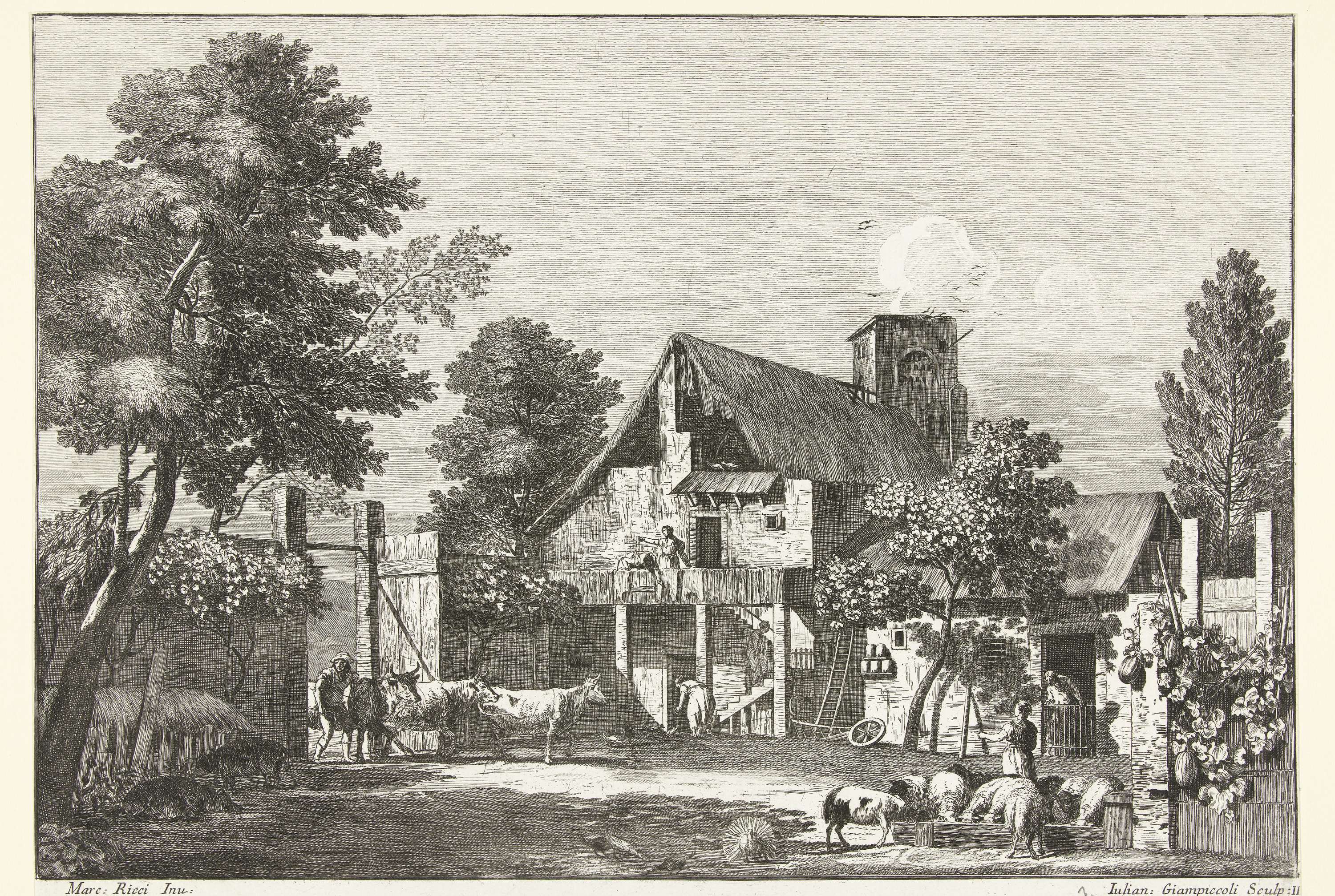 Genre scene etching by Giuliano Giampiccoli depicting a farmyard with peasants and animals