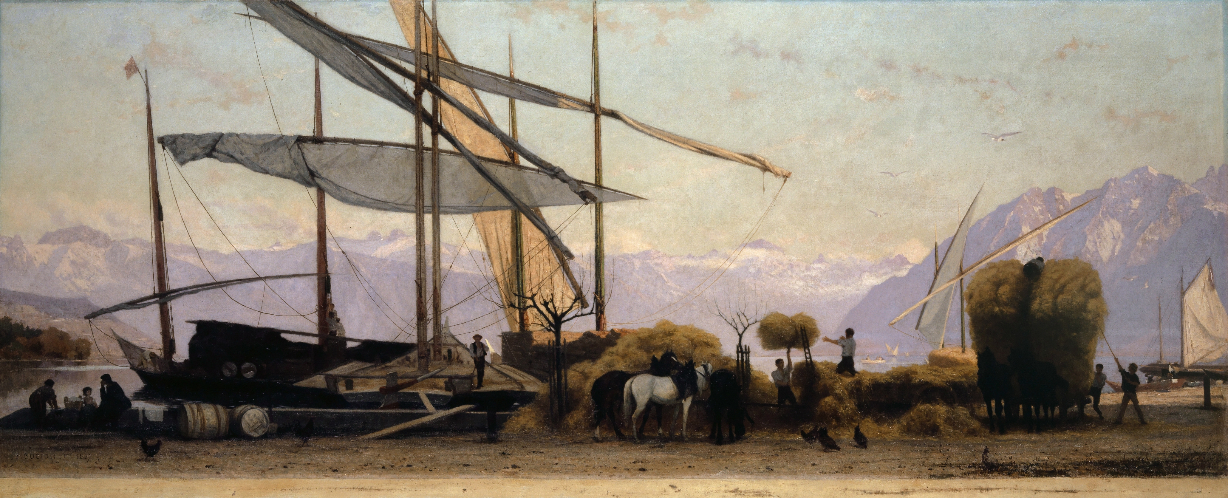 Oil painting by François Bocion depicting men unloading hay against a soft evening sky.