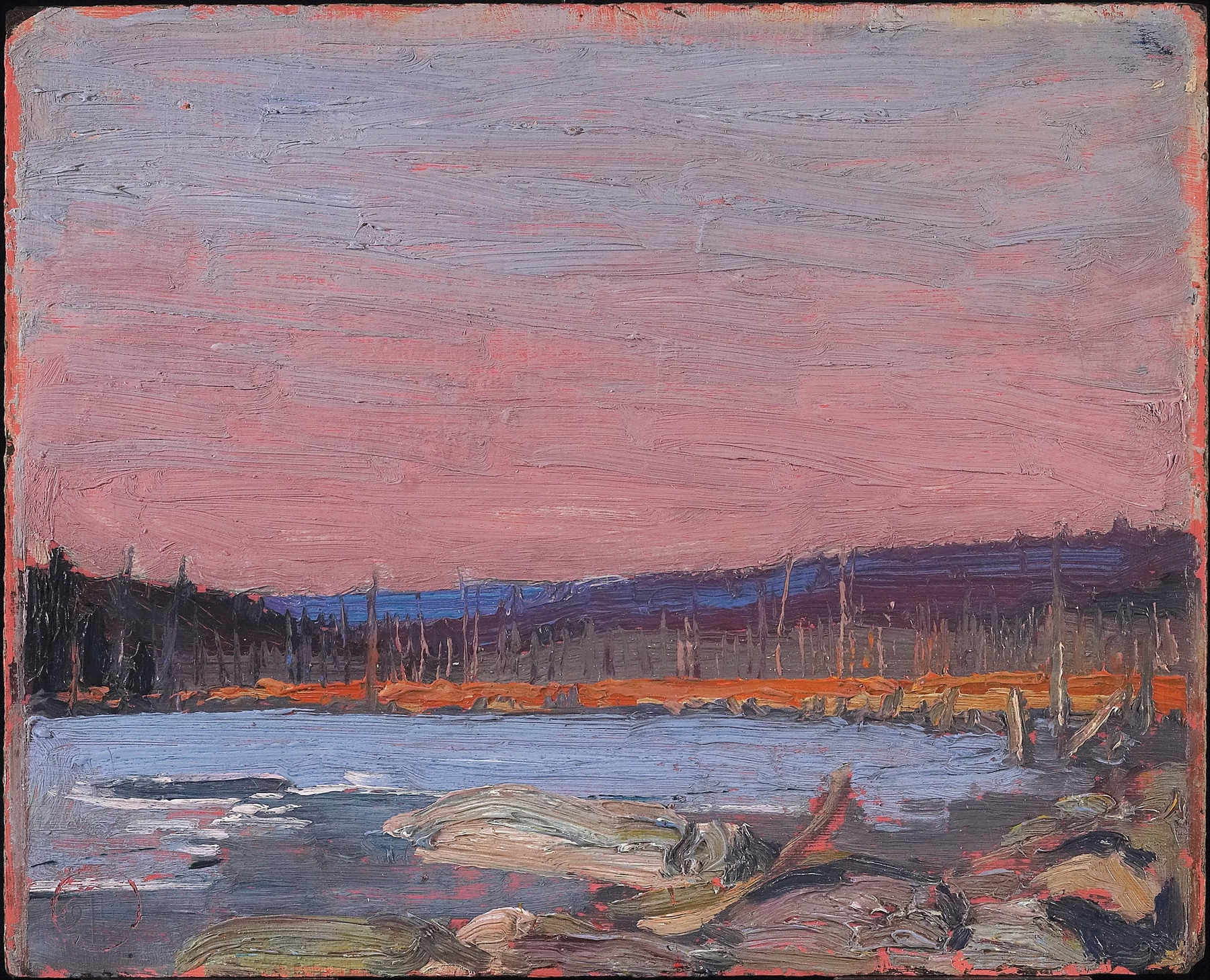 A Northern Lake by Tom Thomson, oil painting depicting a tranquil lake and colorful sky.