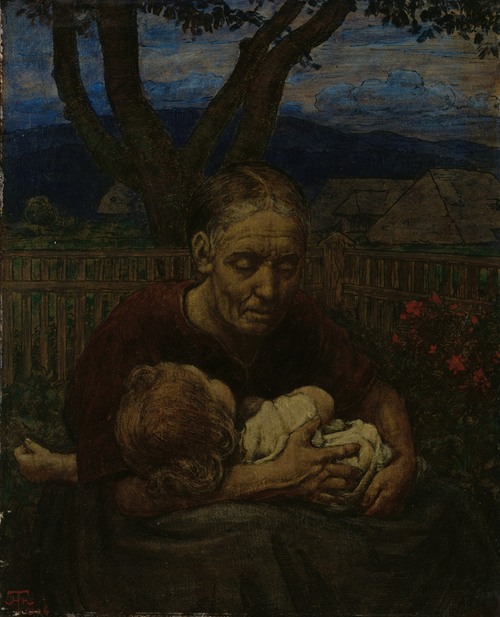 A tender depiction of a mother and child in a lush garden.