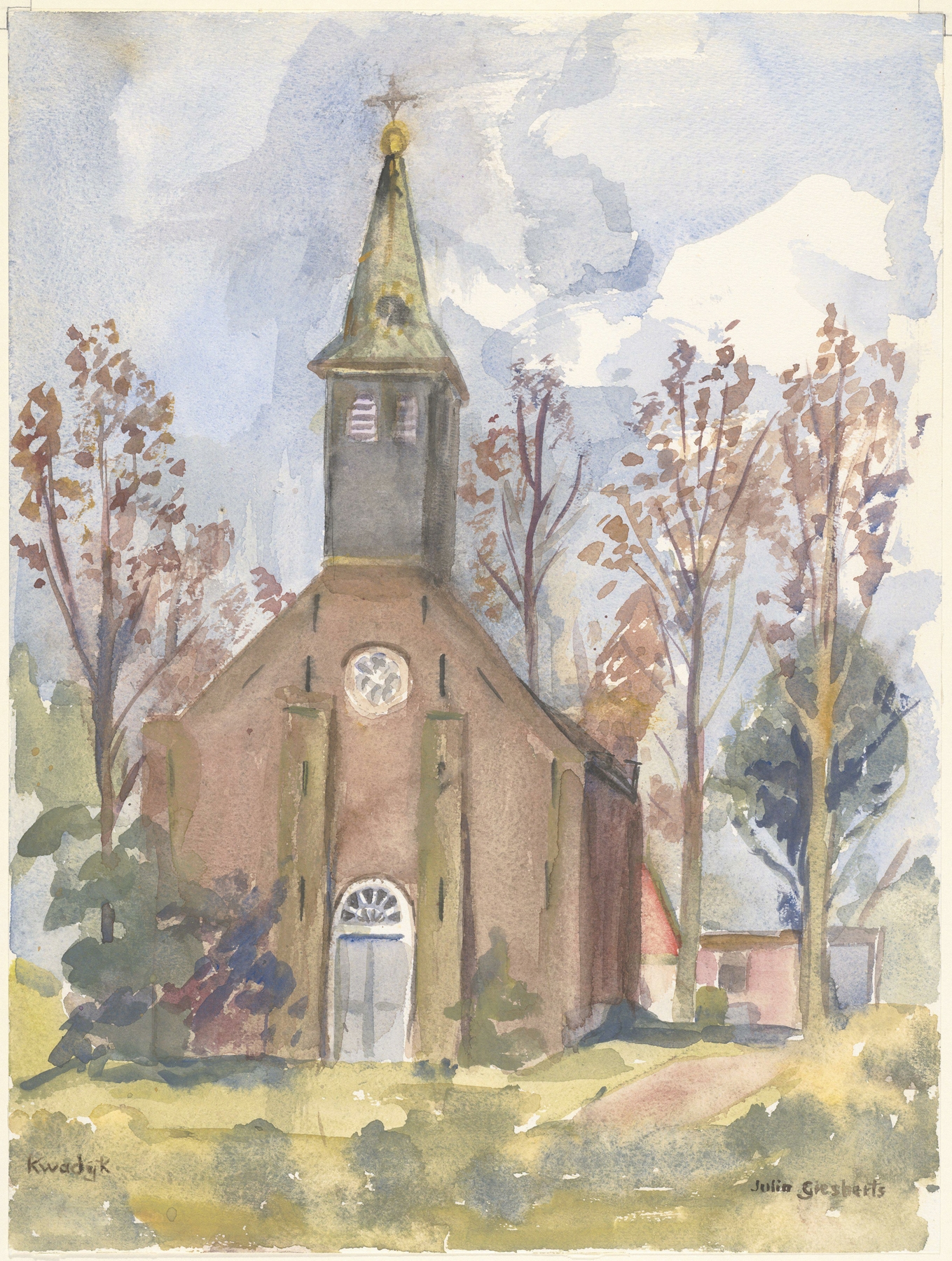 Dutch Golden Age architecture by Julia Giesberts, depicting a quaint church in a landscape.