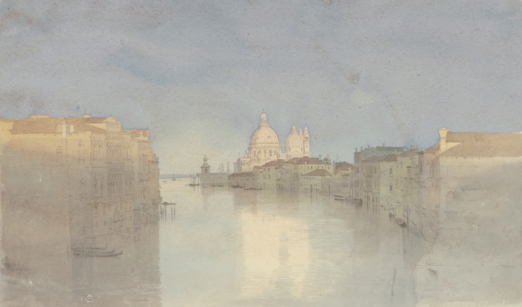 Oil painting by Carl Theodor Reiffenstein depicting a sunset over a canal with S. Maria della Salute in the background.