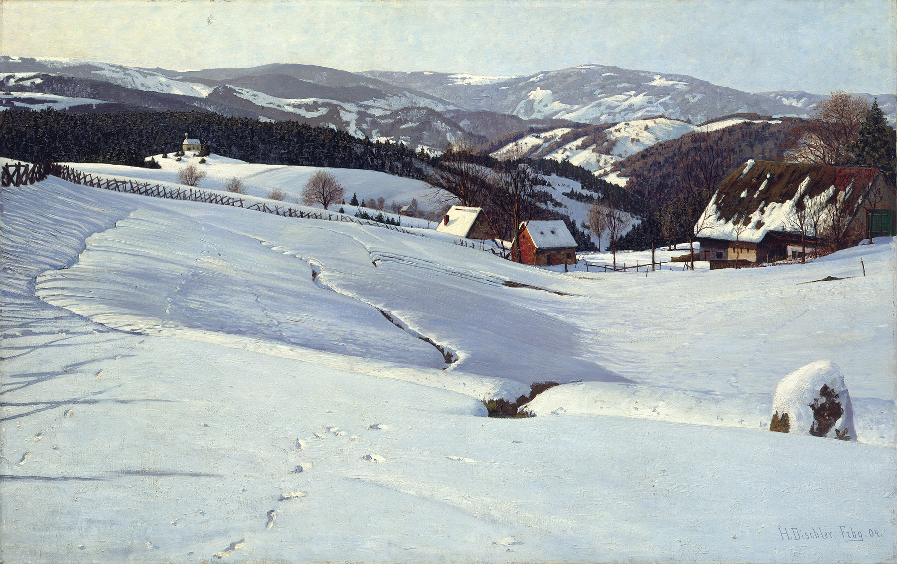 Winter Morning in the Black Forest, oil on canvas by Hermann Dischler, depicting a snowy forest scene.
