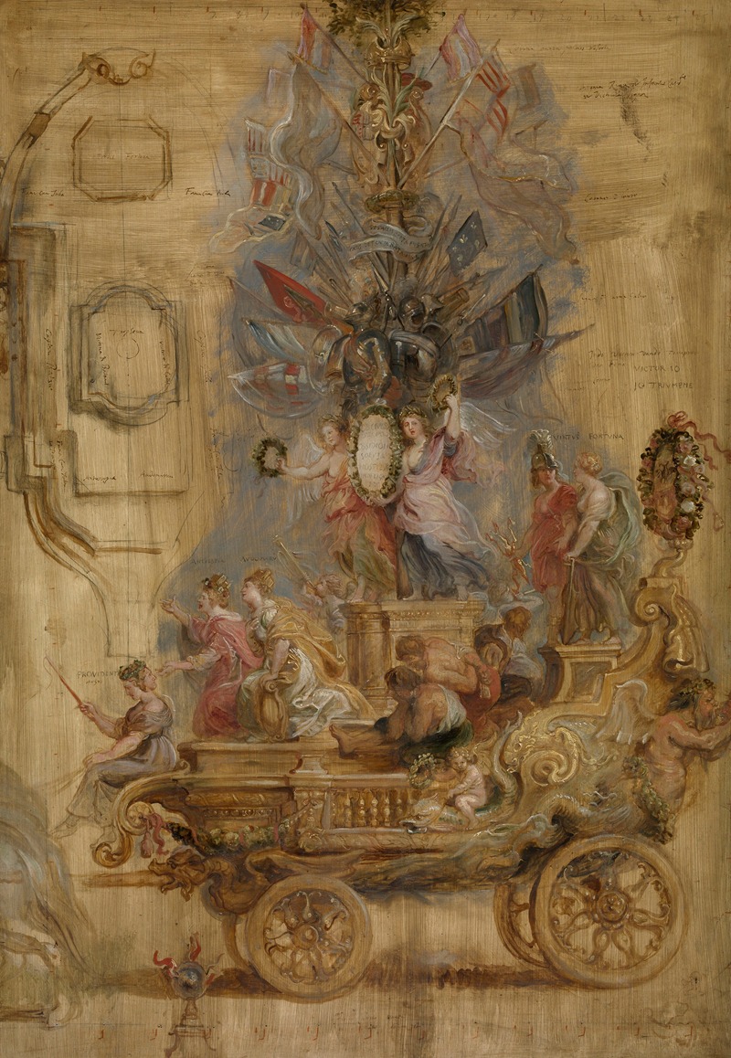 The painting 'Triumphal Chariot of Kallo' by Peter Paul Rubens depicts a grand scene with vibrant colors.